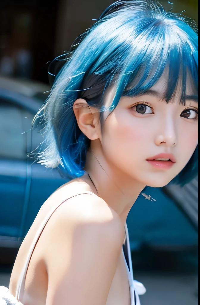 beautiful girl、bright light blue hair、short bob（does not reach the shoulder）、With bangs、light bangs、round face、、Fair skin、Big