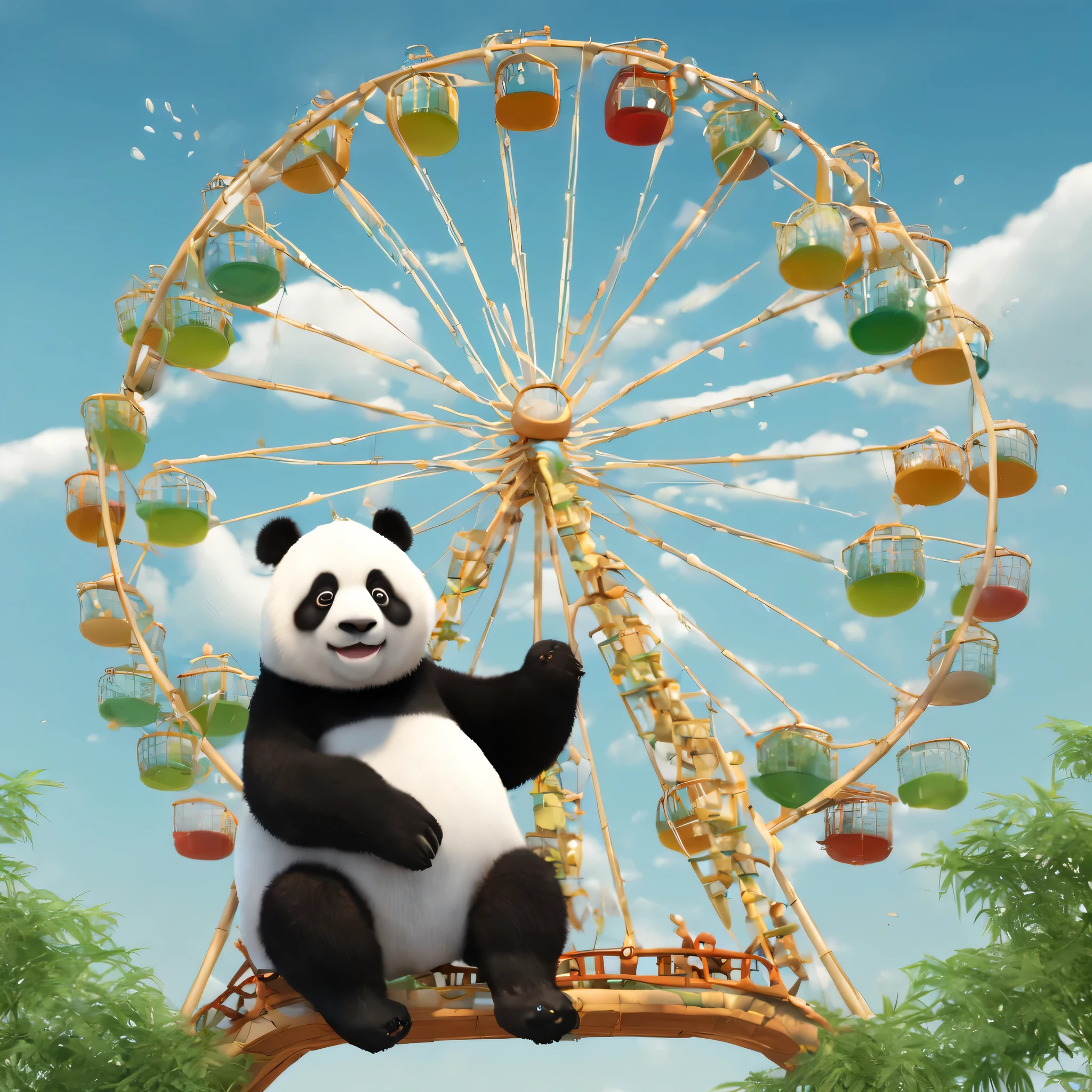 The steel Ferris wheel is spinning in the distance,Close shot of panda eating bamboo,Slobber,cute numbers, cute panda, Detailed 4K, Lovely and detailed digital art, Lovely 3D rendering, The background is blue sky and white clouds, ice cubes,cute numbers艺术,