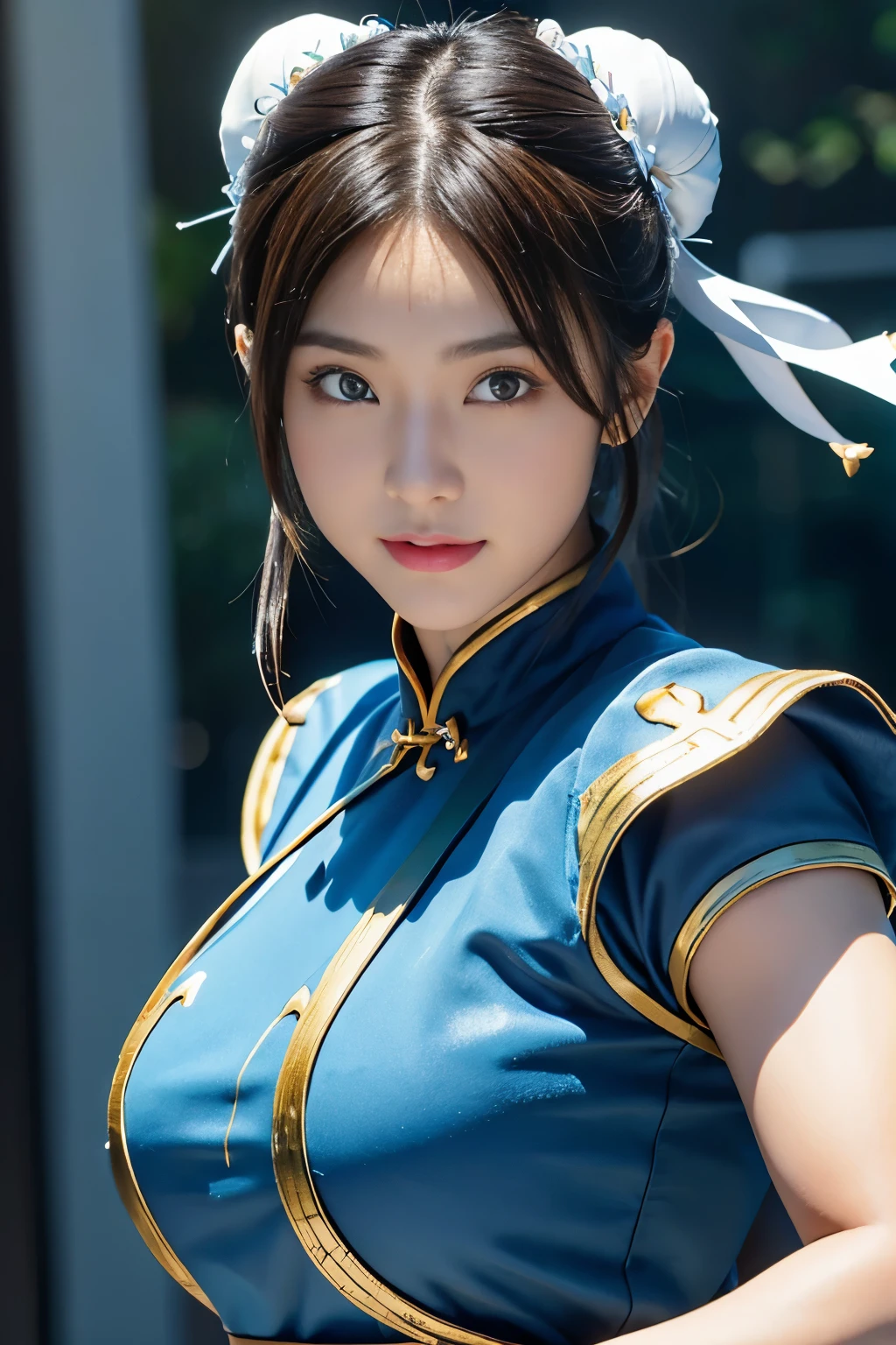 Chun-Li from Street Fight II,perfect chun li costume,Blue cheongsam with gold lines,Bun head,bun cover,fighting pose,masterpiece、1 beautiful girl、fine eyes、puffy eyes、highest quality, 超High resolution, (reality: 1.4), movie lighting、Japanese、asian beauty、Korean、super beautiful、beautiful skin、body facing forward、close up of face、(超reality的な)、(High resolution)、(8k)、(very detailed)、(美しくfine eyes)、(Super detailed)、 (wall-)、detailed face、bright lighting、professional lighting、looking at the viewer、look straight ahead、slanted bangs、Nogizaka Idol、korean idol、masterpiece, highest quality, masterpiece, highest quality, perfect face, perfect brown eyes with white sclera, bad move-5, alone, 1 girl, Upper body, brown hair, From SF2, Chinese service, smile, muscular woman, blue clothes, pantyhose, pelvic curtain, Puffy short sleeves, Good cover, sash, evaluation:safety