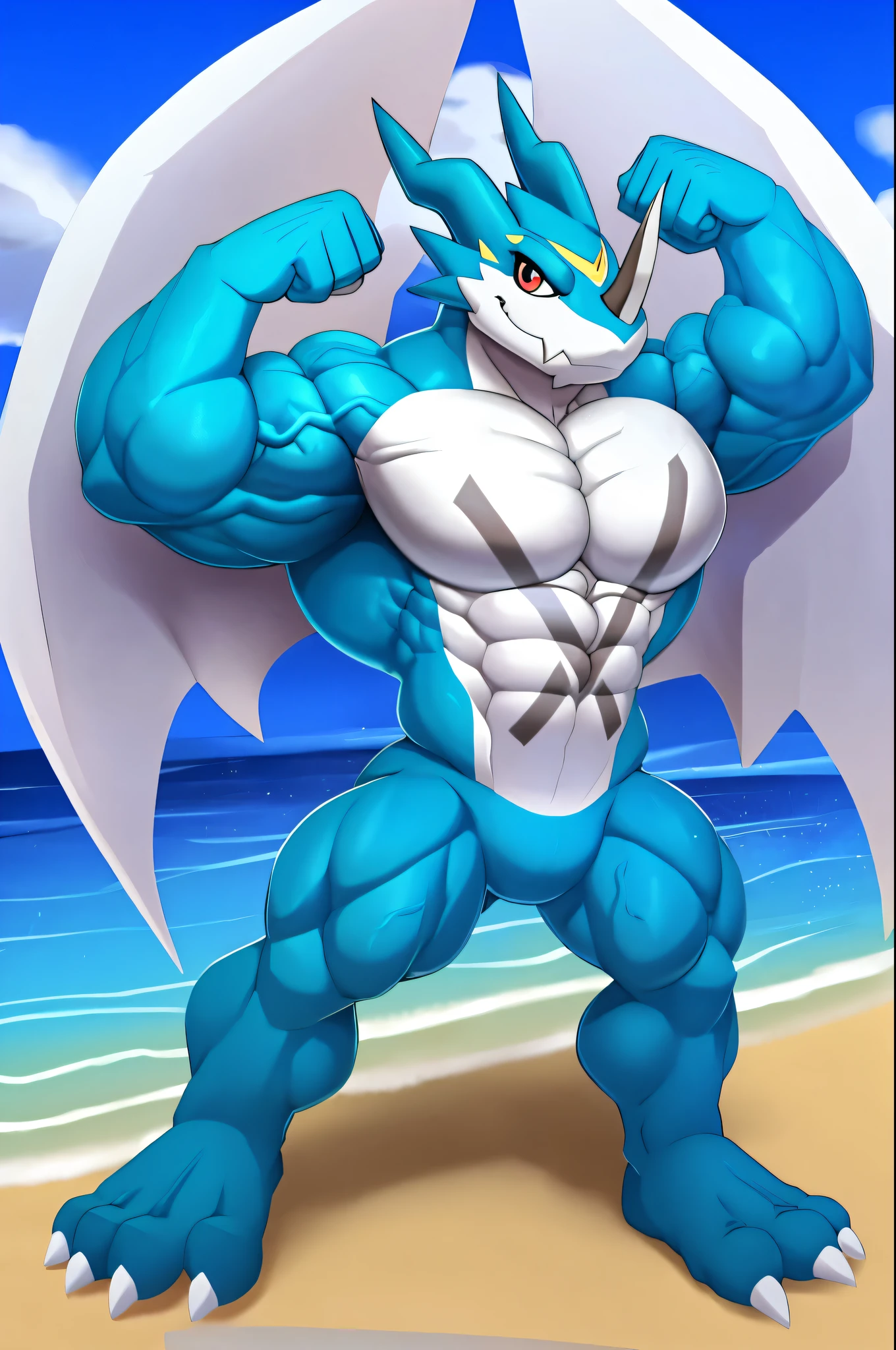 muscular, veiny muscles, veiny biceps, veiny triceps, veiny thighs, veiny pectorals, veiny abdomens, exveemon, slit, solo, full body, flexing, looking at viewer, two legs, two arms, smiling, white wings, x on chest, front view, sky, water, feet on ground, standing, beach, blue crotch, white sclera, red iris