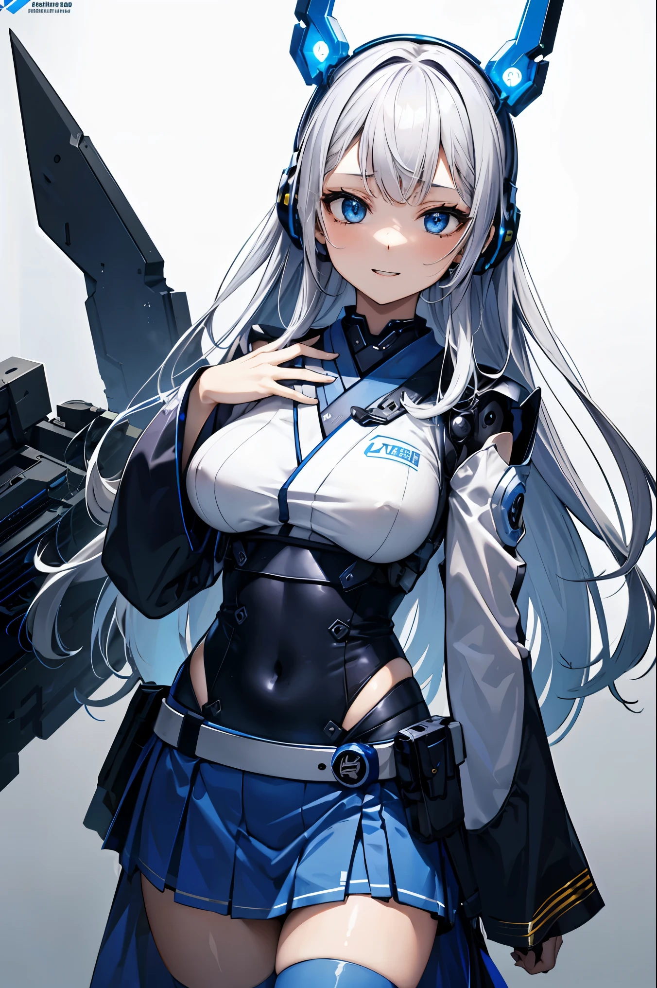 nidy-2d, cityscape, NSFW, (Face of love, I'm so happy:1.5), (mecha musume, cyborg girl), teen, stylish angle, stylish pose, (headphone, mechanical fuselage, mechanical clothing), looking at the viewer, bangs cut off, blue mini skirt, plastic corset, Beautiful light effect, glowing skin, (Furisode, removable long sleeves, very wide sleeve:1.5), (caution decal, corporate logotype:1.5),