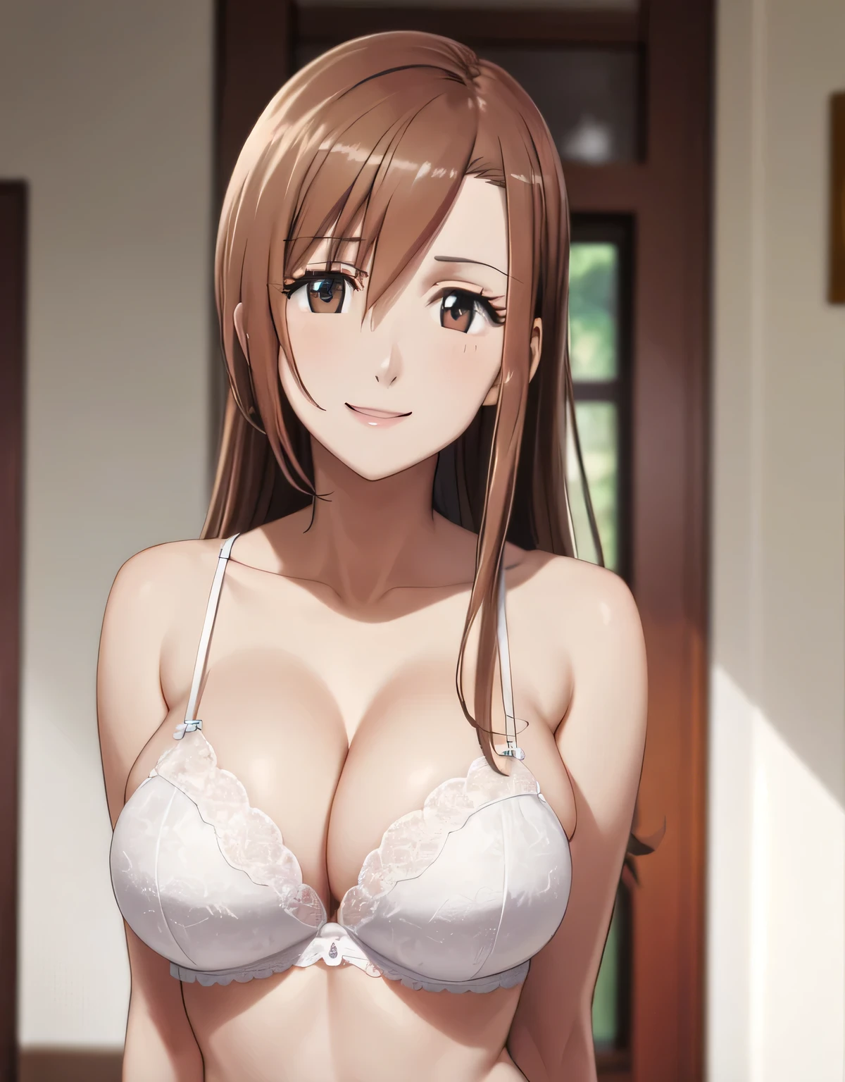 aria shichijou,(big breasts:1.5),shiny,hair,((alone)),((masterpiece)),((highest quality)),perfect anatomy,slim waist,perfect image,8k UHD,(detailed and beautiful eyes:1.3),highly detailed face,Are standing,(Upper body:1.1),(look ahead:1.1),back arm,super detailed,disorganized,High resolution,Bedroom,lingerie,cleavage,smile,brown eyes,