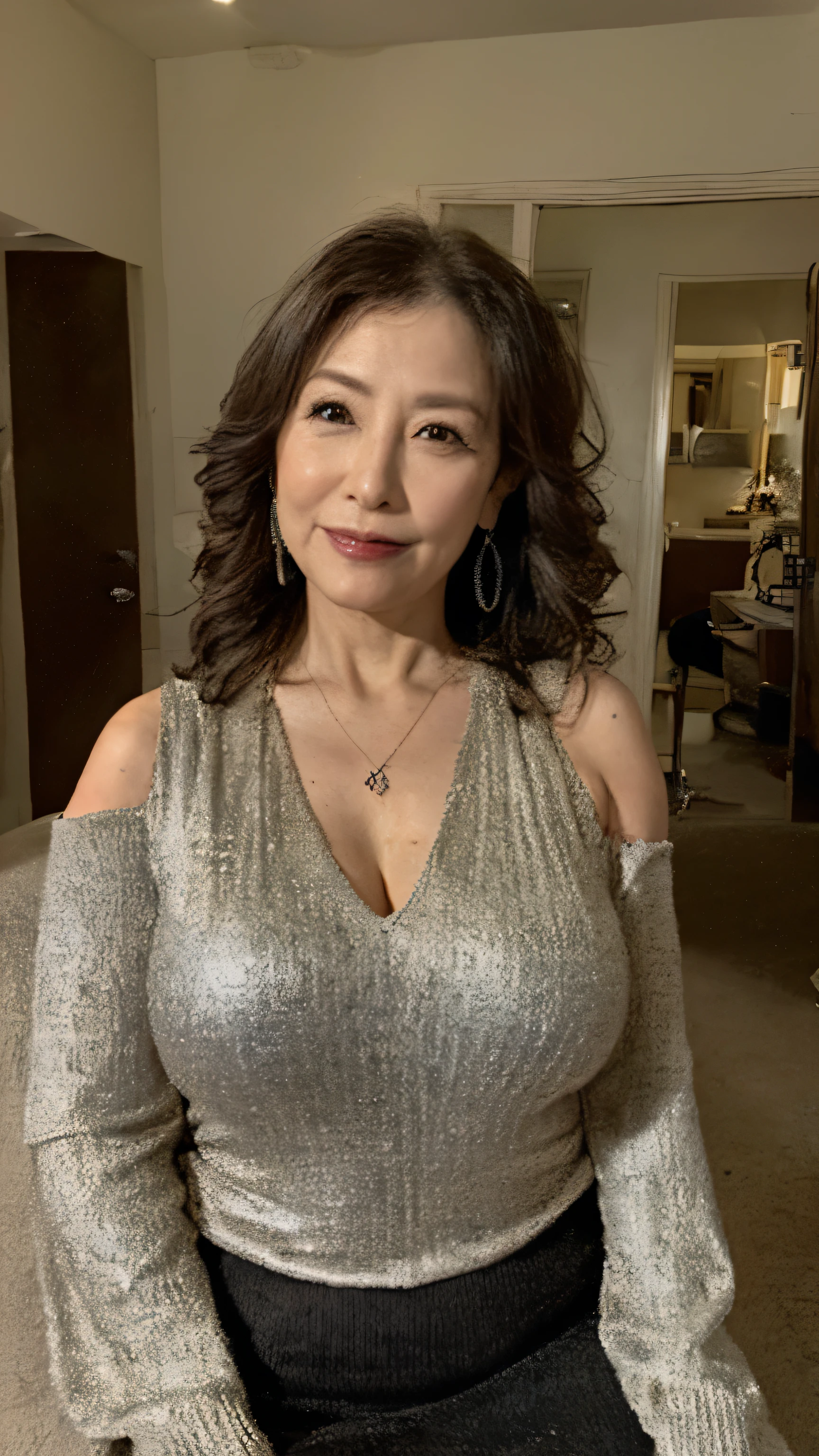 (whole body:1.3), (extreme beauty), (fat evil goddess), gravure, highest quality, Super detailed, realistic, super dense skin, perfect anatomy, (1 Japanese mature woman), (alone), 65 years old, big breasts, mature female politician, charismatic, sexy, pure white skin, show viewer, middle-aged women,(No cleavage),upper limbs, compensate, (lipstick: 1.1), (eyeliner: 1.2), mascara, eye shadow, wavy hair, room, outdoors, earrings, necklace, (wearing a knit dress, black pantyhose), wrinkles around the eyes, wrinkles in the mouth,