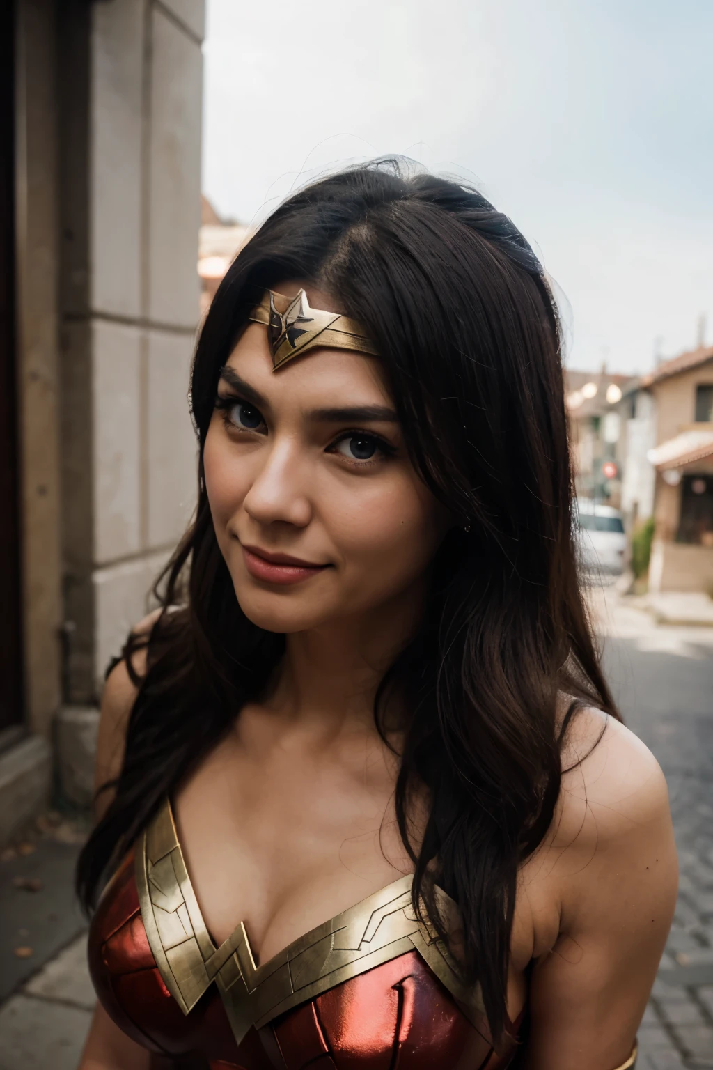 wonder woman , hair wince, longeyelashes, solid circle eyes, , light smile, ear blush, fang, Surrealism, drop shadow, anaglyph, stereogram, tachi-e, pov, atmospheric perspective, 8k, super detail, ccurate, best quality