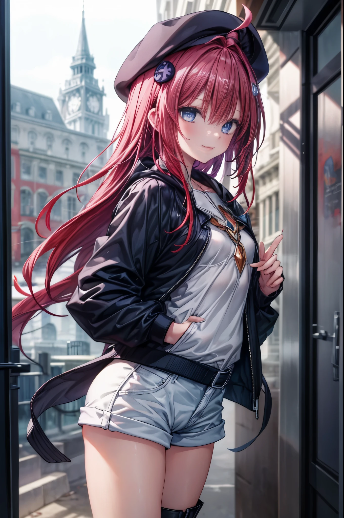 (masterpiece, highest quality:1.2),figure,8k,hd,cowboy shot,1 girl,long hair,Upper body,(portrait:1.2),chest,smile,purple eyes,hair ornament,Braid,Ahoge,Red hair,小さいchest,I put both hands in my pockets,Overall,shorts,short boots,baseball hat,In town,building street,night,moonlight(masterpiece:1.2), highest quality, High resolution, unity 8k wallpaper, (shape:0.8), (beautiful and detailed eyes:1.6), highly detailed face, perfect lighting, Very detailed CG, (perfect hands, perfect anatomy),