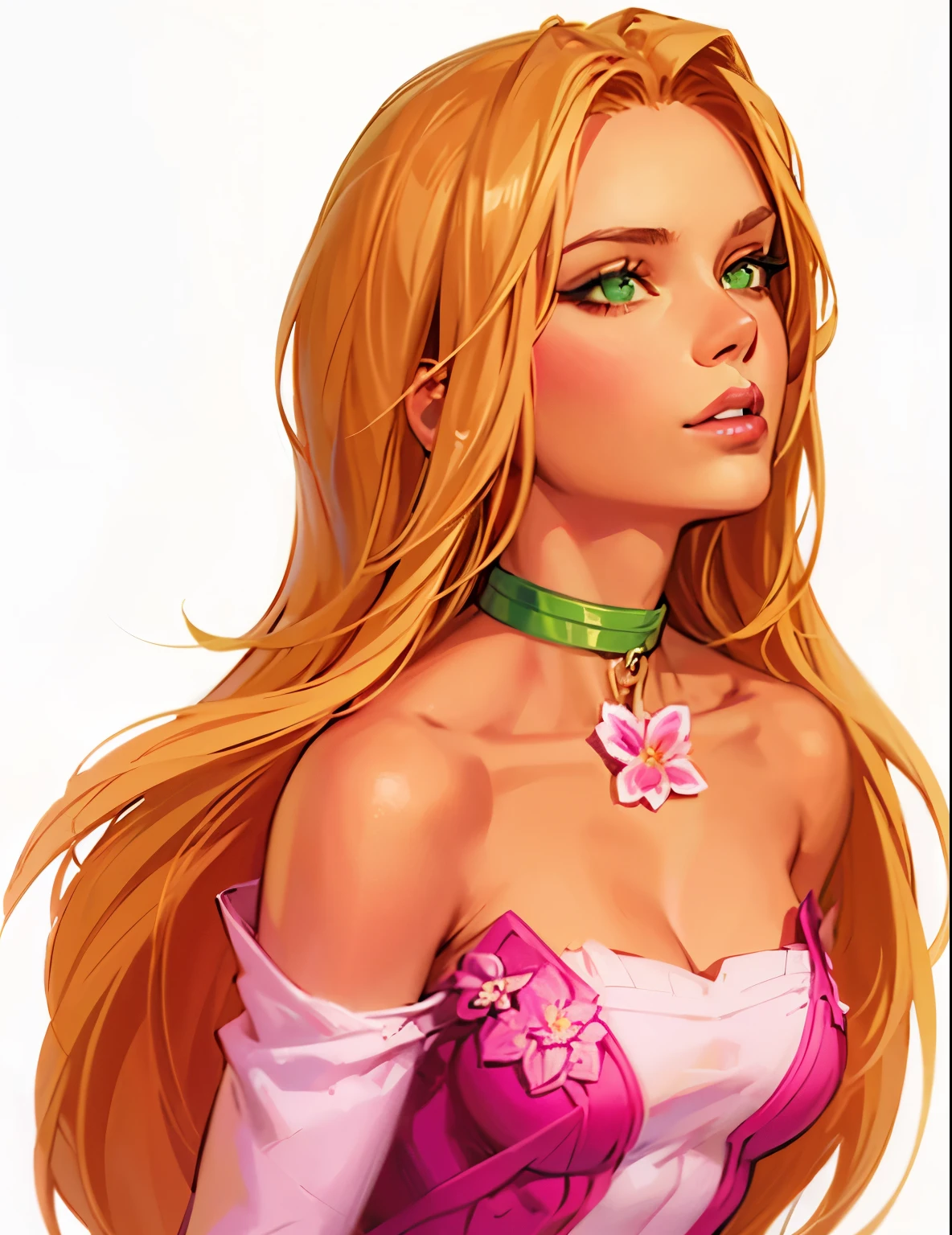 jim lee, green eyes, green choker with pink flower
1girl, ((masterpiece))