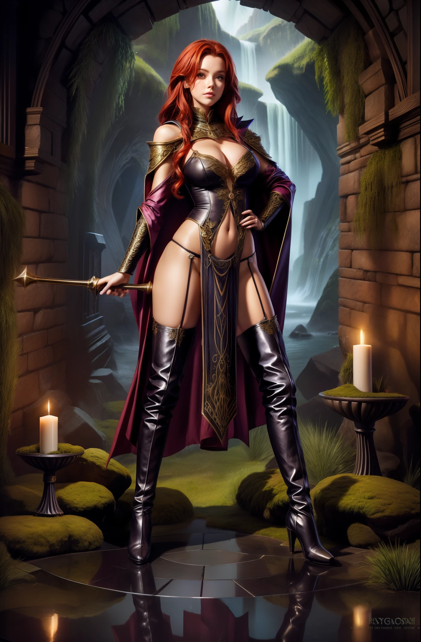 full body shot, 1girl, fantasy sorceress, mage robe, leg slit, redhead , legs, mossy stone walls in background,navel, panties, thigh high boots