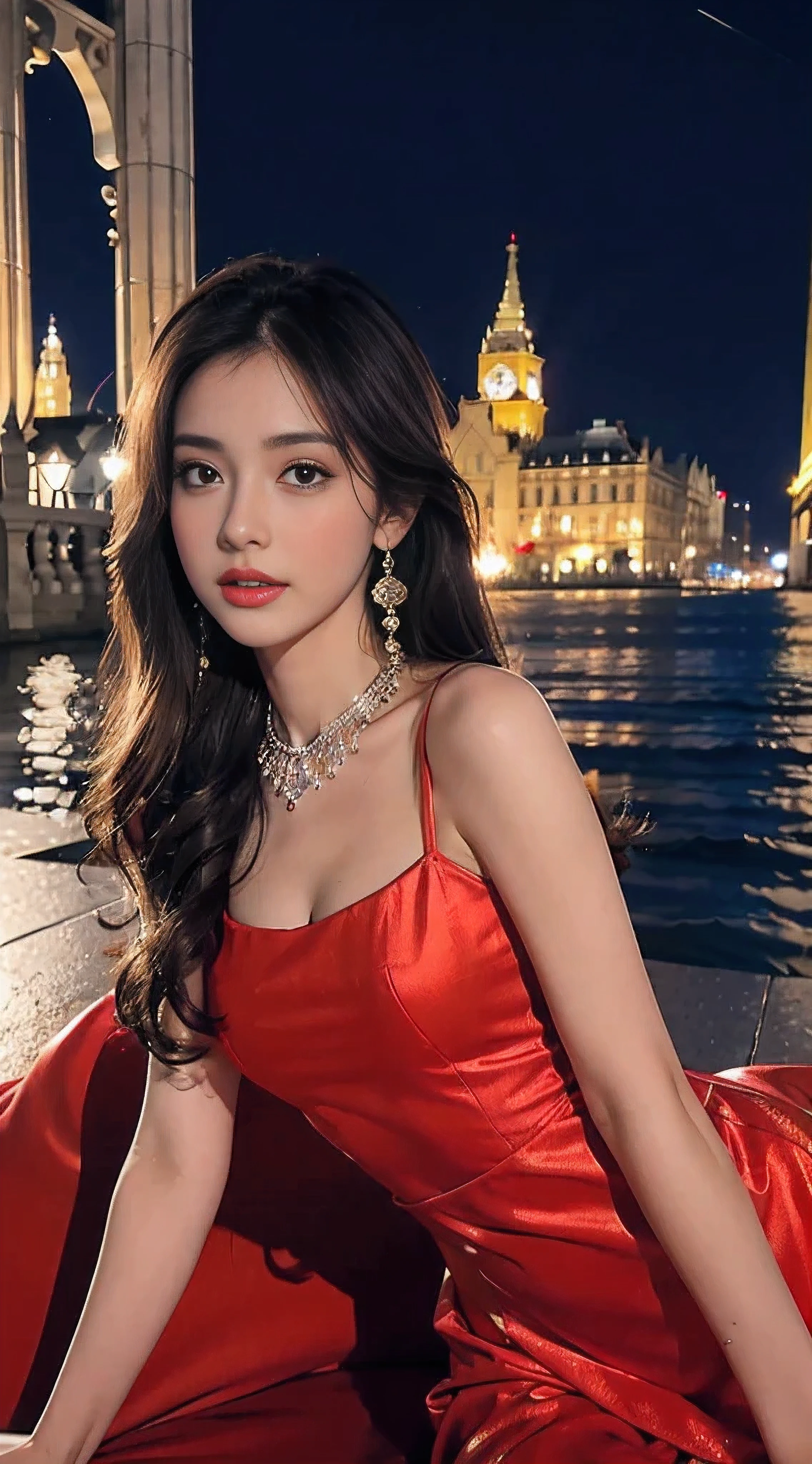 8k, ultra high definition, masterpiece, 1 girl, Good face, long hair, exquisite eyes, glossy lips, medium chest, Princess dress, red dress, jewelry, night view, attractive pose,