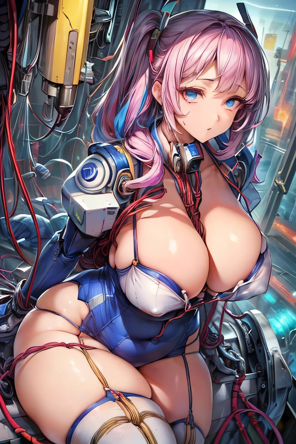 (((debris flies))), (((highest quality))), ((Super detailed)), (High-definition CG illustration), ((very delicate and beautiful)), cinematic light,((1 Mekaumone,mature,Ahegao,big and full breasts,Plump, whole body,(mechanical joint:1.2),((Mechanical marginal blood vessel connected to tube Mechanical neck attached to neck)),(open crotch),(sitting),(Wires and cables connected to the neck:1.2),(overhead wires and cables:1.2)(character focus),SF,((very detailed,colorful)),best details