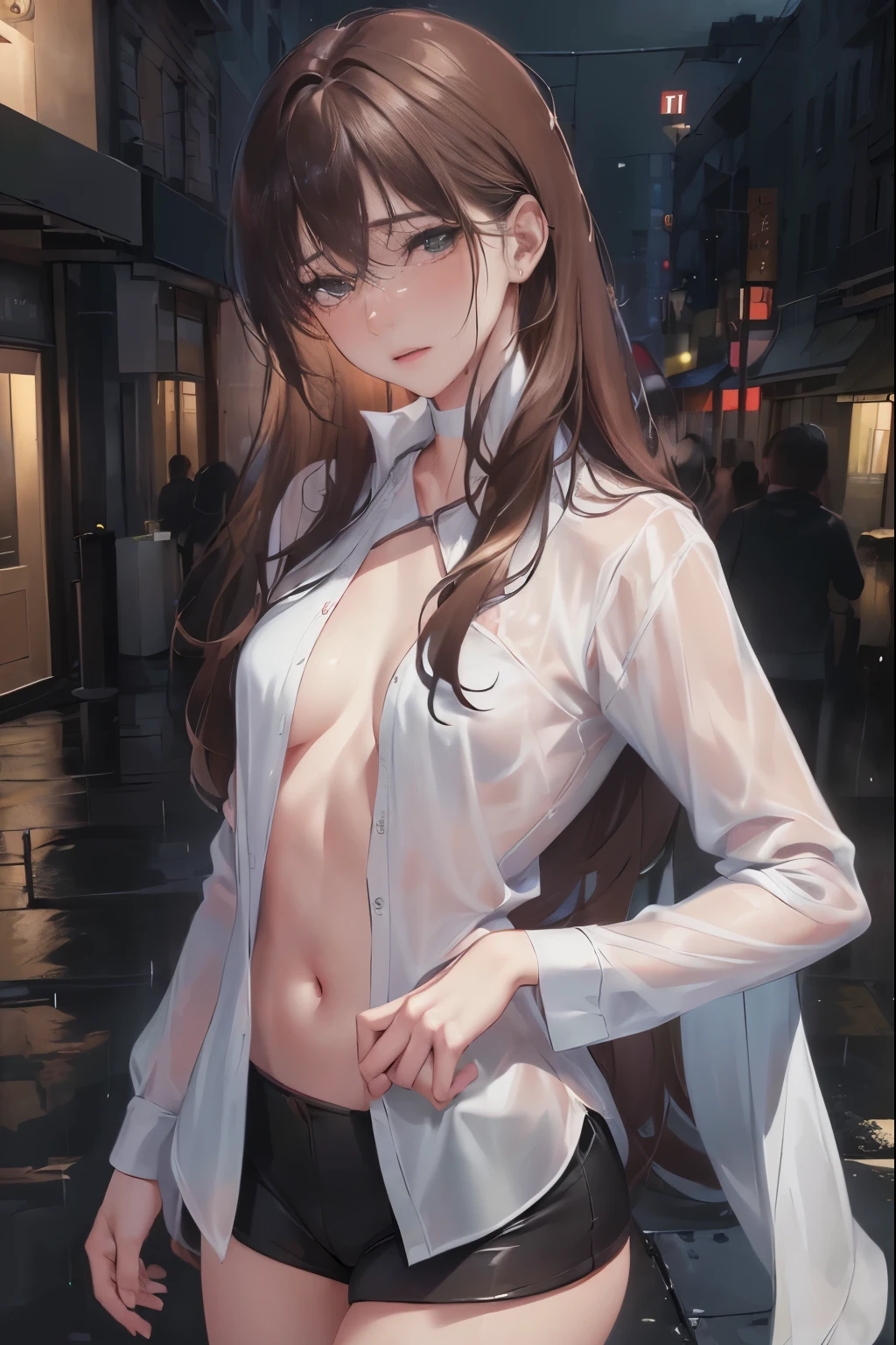 ((Realistic lighting, best quality, 8k, masterpiece: 1.3)), clear focus: 1.2, 1 girl, Perfect body: 1.4, Slim abs: 1.1, ((Dark brown hair)), (white blouse: 1.4), (outdoor, night: 1.1), city street, Super thin face, beautiful eyes, double eyelids,topless,exposed,户外exposed,red tide,shy,shy的神态表情,small breasts,rain,wet,female student,,Green,girlish feeling,The neckline opens,wide open neckline,Shy,shy,Blush and flutter