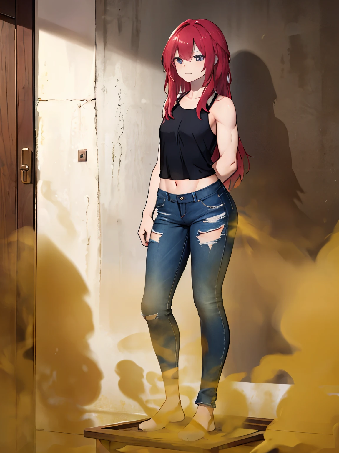 ((Medium chest, long hair, small head)), dawn, sunlight, (defined abdominal muscles: 1.1), (perfect body: 1.1), (short wavy hair: 1.2), maroon hair, collar, full body photo, shabby street, Wearing a black tank top, Jeans, ((shorts)), (Highly detailed CG 8k wallpaper), (very delicate and beautiful), (masterpiece), (highest quality: 1.0), (super resolution: 1.0), beautiful lighting, perfect lightning, realistic shadow, [High resolution], detailed skin, super detailed