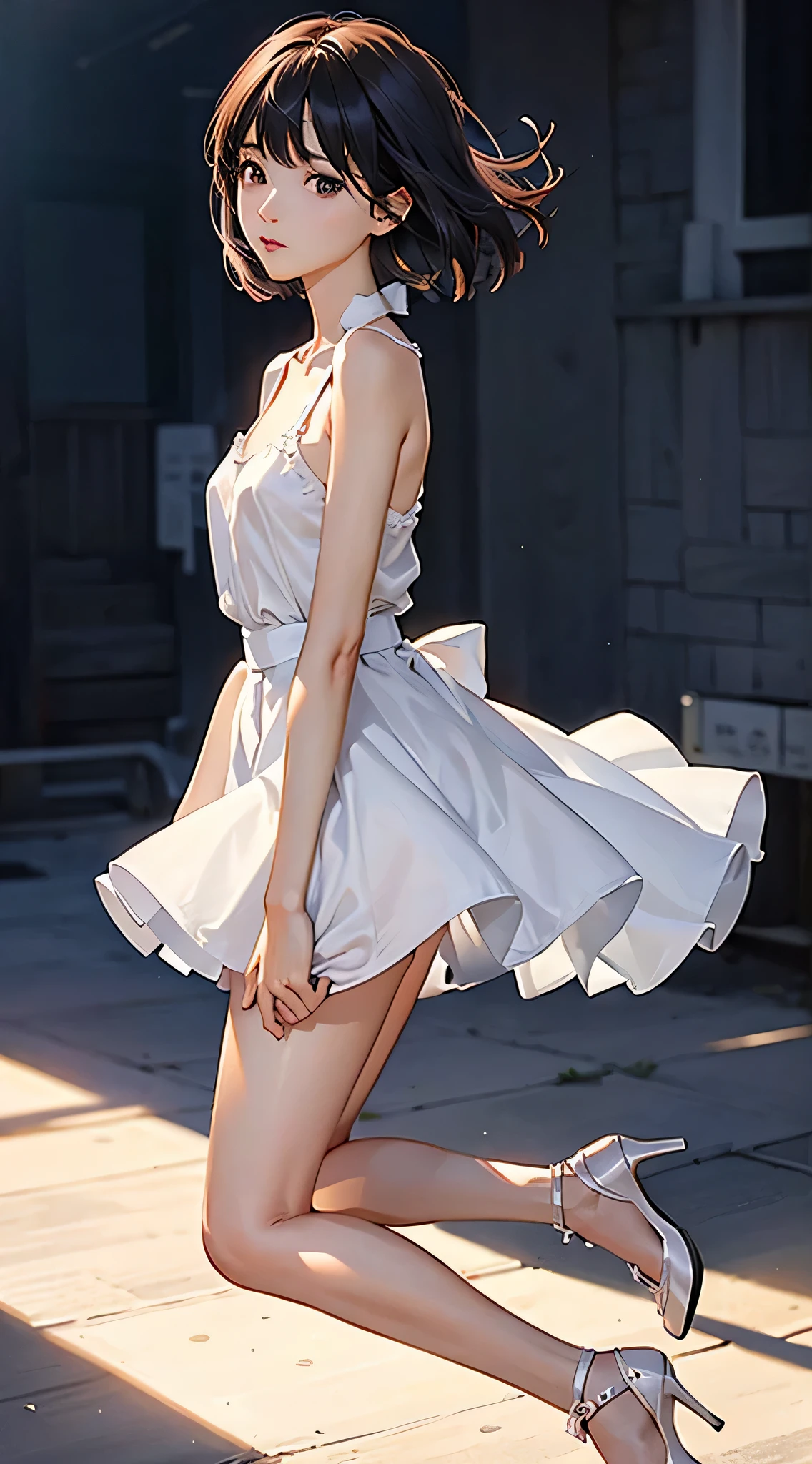 realisitic、long legged、ful、Feminine、white shirt、a miniskirt、high-heels,extremely delicate face,Realistic lighting and shading, (an extremely delicate and beautiful art)1.3, Elegant,Dramatic shadows、ighly detailed。hightquality、hight resolution、raw、超A high resolution、The ultra-detailliert、(extremely delicate and beautiful)、ighly detailed、Real Shadows,frombelow