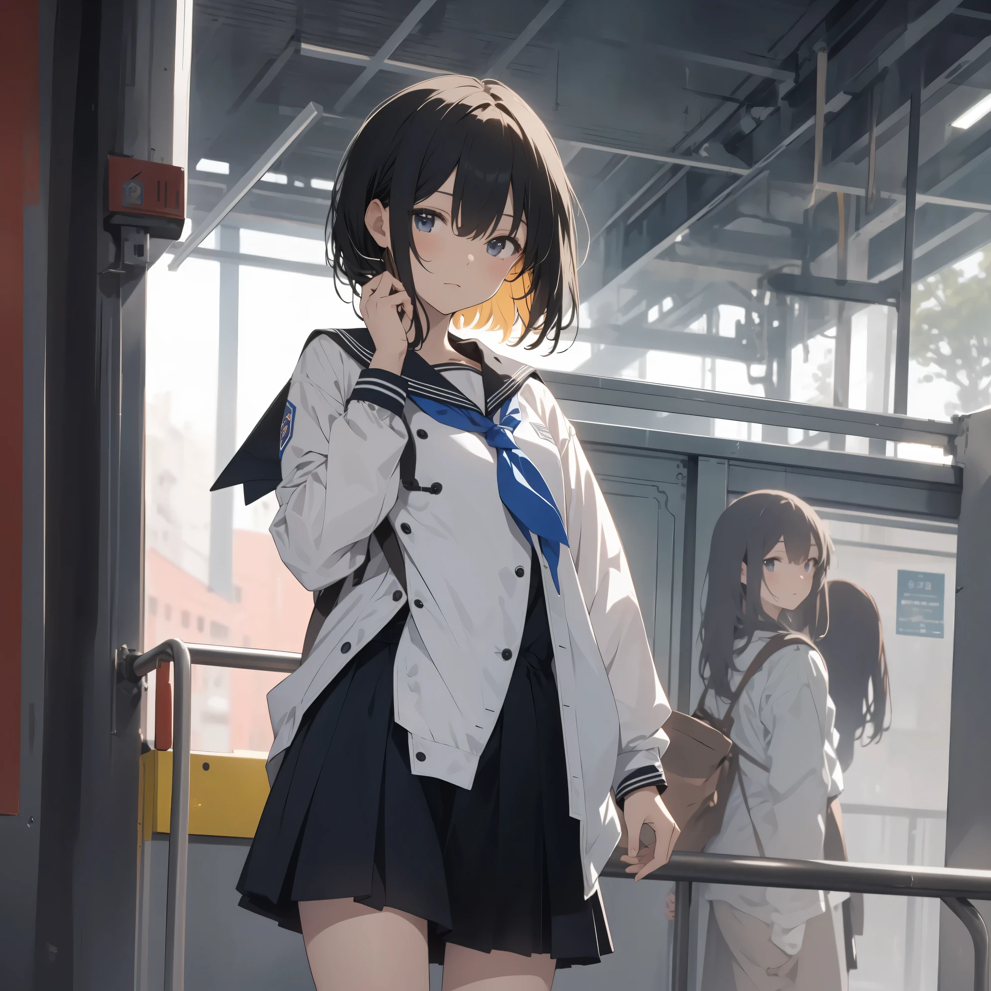 Ultra-highest quality by the art god, super detailed, High resolution,  anime moe art style, Best Anime 8K Kona-chan Wallpaper, pixiv contest winner, perfect ???????, break,(眠そうにalone学校へ行く女の子を描いてください. )dutch angle, break, 1 girl,(alone,little woman,13 years old:1.3),All limbs, full finger,, immature charm, (very short hair), bangs, flat chest, Small Bodysuits, small ass, between legs, upward facing eyes, small eyes, black eye, detailed and beautiful eyes, Well-proportioned iris and pupils, expressive eyes, lips with beautiful details, High resolutionの詳細な髪, skirt, pleated skirt, neckerchief, sailor collar, school uniform, serahuku, shirt, (detailed lighting), (detailed background),  On the way to school. break,super dense skin, Best lighting by famous artists, 8k, figure,Hmm, rough skin