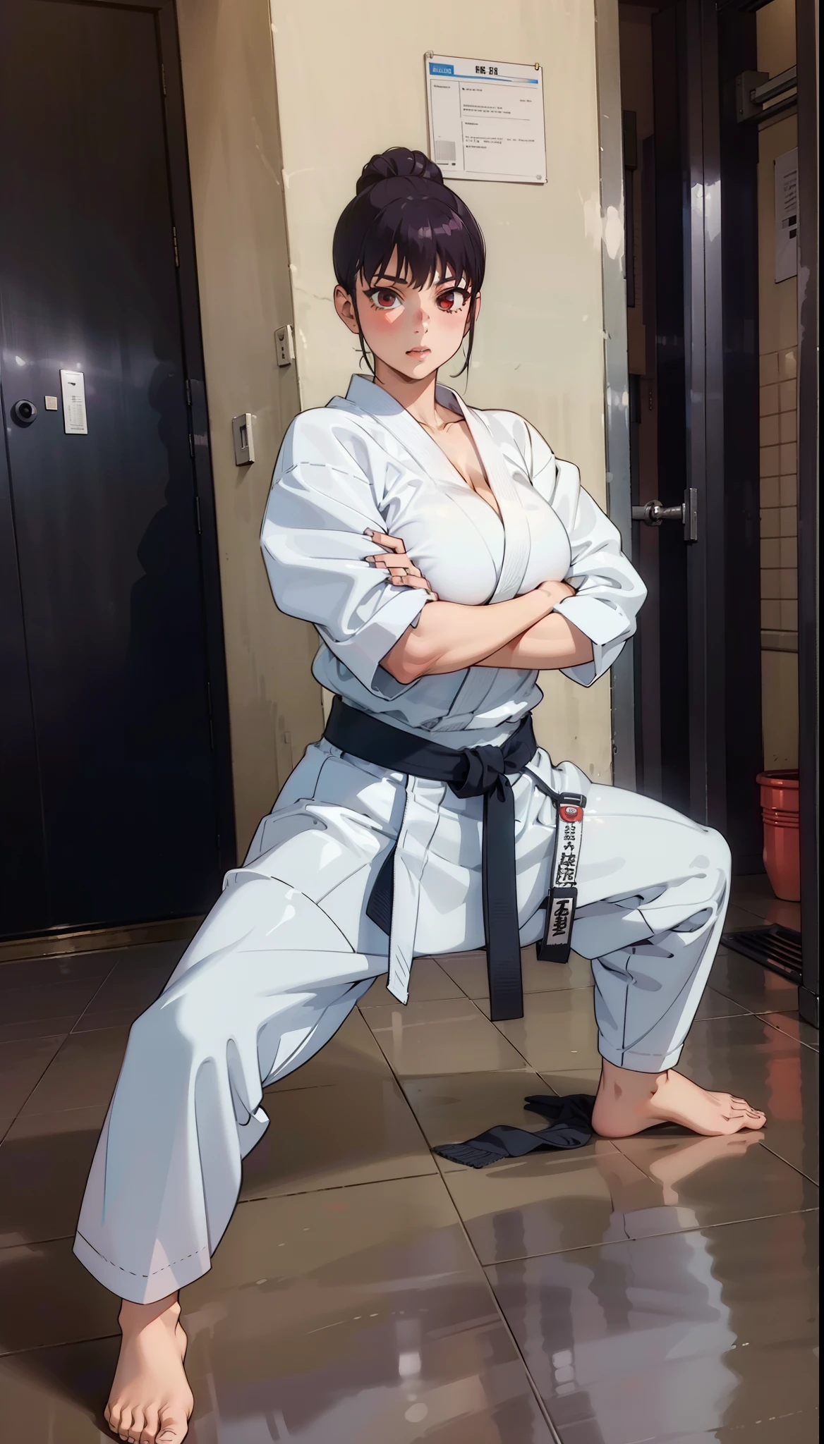 1girl, a pretty girl in a karate practice room, with a karate uniform, judo, sana sunomiya, long hair, masterpiece, big tits, cleavage, full body, barefoot, red eyes, Combat Pose, from Above, martial art, stunning body