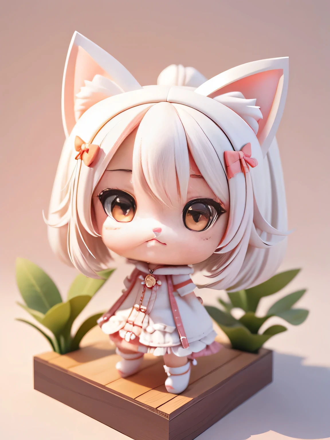 cat ears small doll toy, cute 3d render, cute detailed digital art, female explorer mini cute girl, cute digital painting, Stylized 3D rendering, cute digital art, cute render 3d anime girl , A little furry ear looks up, cute! c4d, portrait anime cat ears girl, sitting on a white pedestal