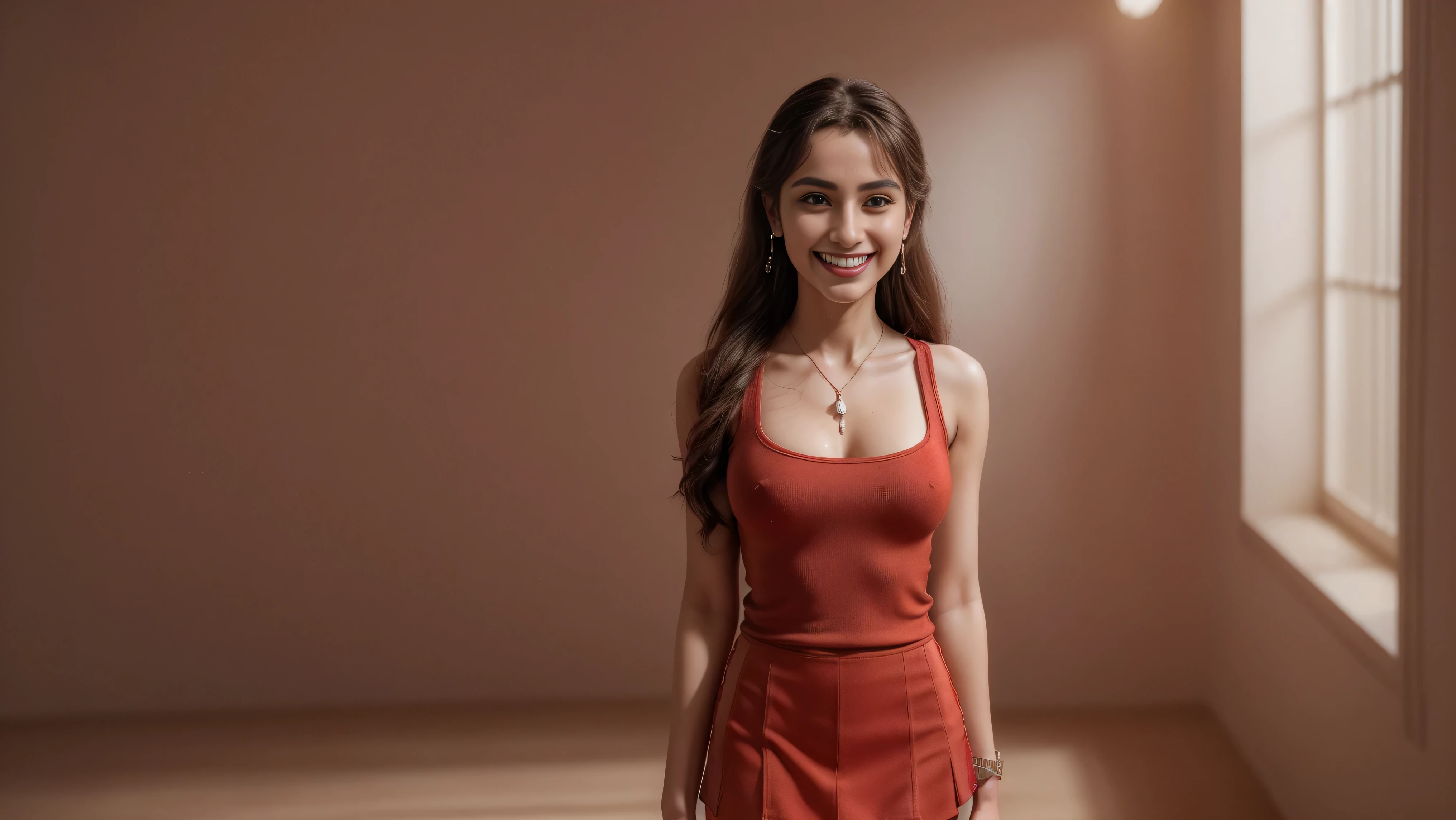 8k, masterpiece, RAW photo, best quality, photorealistic, extremely detailed CG unity 8k wallpaper, Depth of field, Cinematic Light, Lens Flare, Ray tracing, (extremely beautiful face, beautiful lips, beautiful eyes), intricate detail face, ((ultra detailed skin)), ((1girl:1.9)), (((alone:1.9))), ((ars old)), ((seductive pose)), studying alone in a study room, nobody else, (beautiful and aesthetic:1.2),deep shadow, (sharp focus), [((Raiana-Elizabeth-Dilla:1.9))], pretty girl, (very slim slender fit-muscled body:1.9), ((beautiful legs:1.5)), (big smile:1.9), (happy expression), (((ultra-short ((red:1.5)) casual-style uniform with shirt and miniskirt))), clear eyes, ((studying scenery,books,aesthetic atmosphere,creative inspiration,peaceful,serene,organized,artistic,minimalist design)), beautiful earrings, bracelets, necklace, red pendant, (pale skin), ((whole-body-view:1.9)), ((full-body:1.9, cinematic shot)), soft lighting, (long dark-black hairs), (looking at viewer:1.8), cleavage breasts, (large breasts:1.4), highly detailed, ultra realistic, extremely detailed and realistic ((red:1.5)) clothes.