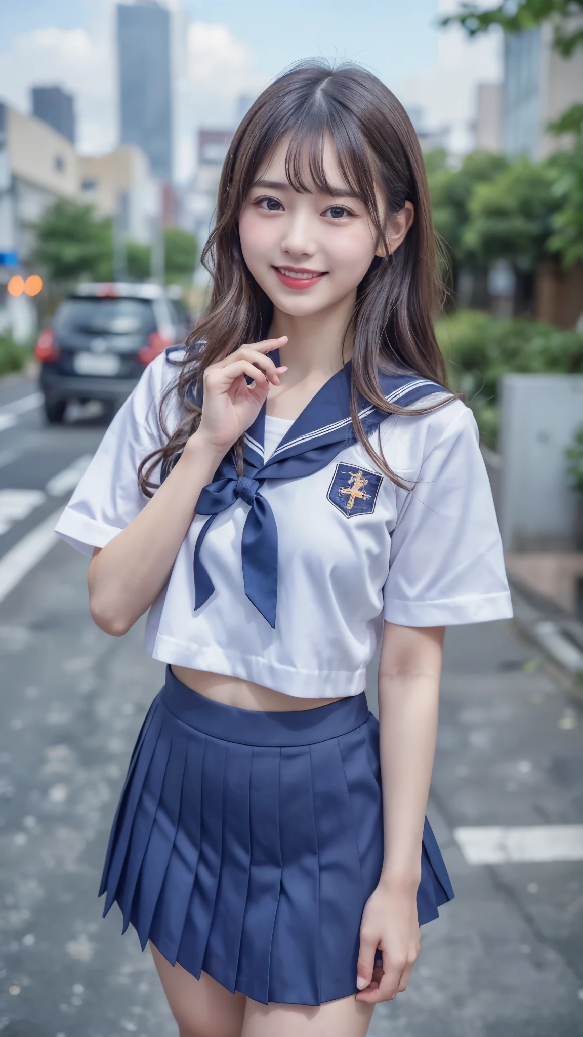 (best quality, 8k, 32k, masterpiece, UHD:1.2), (RAW photo), (realistic), (photorealistic:1.2), (high resolution), huge filesize, ultra-detailed, extremely beautiful face & eyes, 1girl, japanese elementary school student,14yo, 13yo, 12yo, round small face, baby face, thin waist, large breasts, slim proportions, thin thighs, (darkblue pleated mini skirt, japanese sailor, sailor fuku, serafuku, japanese school sailor suit), nice hands, perfect hands, accurate hand depiction, perfect thumb & fingers, sweaty, shy smile, pure white teeth, from below, blue sky, skyscraper, rooftop at dawn, summer,
