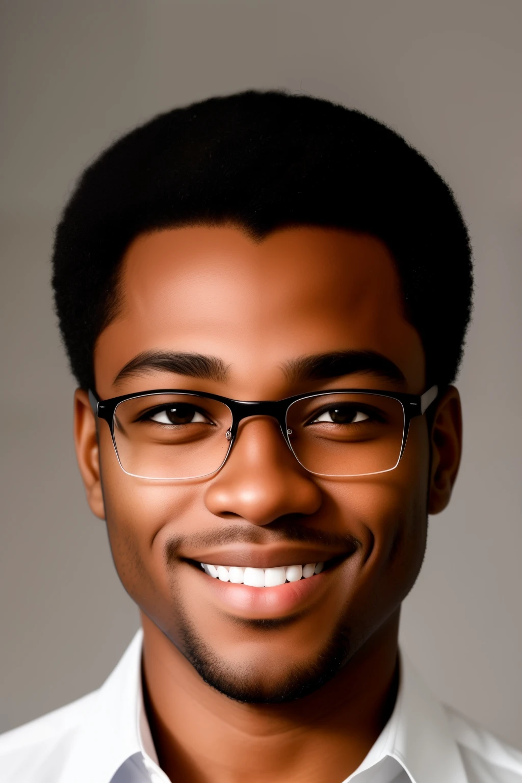 A masterpiece drawing of a best quality, smiling black man in a white shirt, taken in early 2023 for a headshot profile picture. He is around 35 years old, wearing optical glasses that add a touch of sophistication to his look. His face is detailed and perfect, with a warm and inviting smile that radiates positivity. The high contrast, dramatic lighting of the drawing brings out the depth of his features, making this an intriguing and captivating portrait of a successful and influential forex trader.