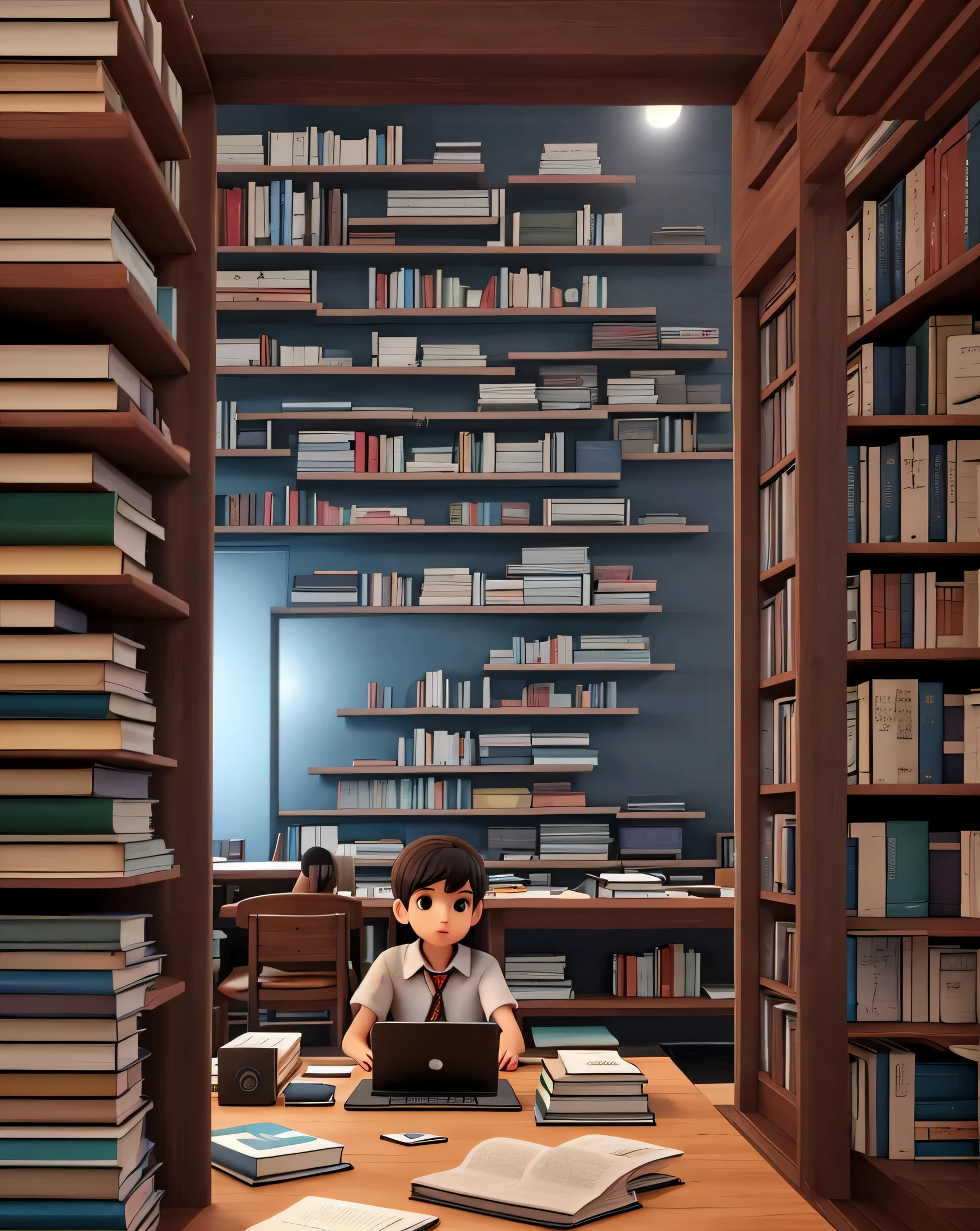 biblioteca futurista gigante com milhares de livros. Um cyberpunk no centro da Biblioteca olhando maravilhado