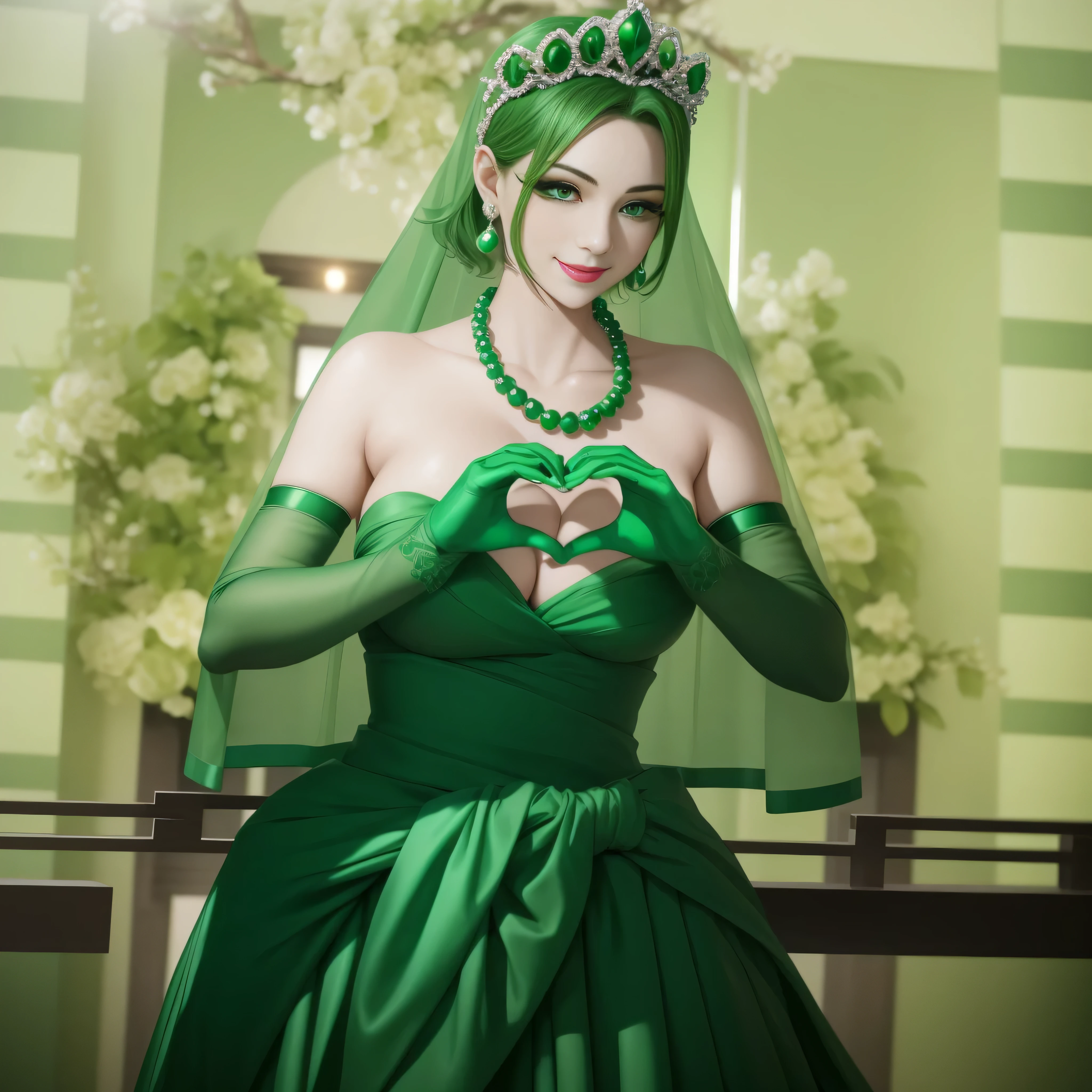 emerald tiara, Green Pearl Necklace, ボーイッシュな非常に短いgreen hair, lipstick, smiling Japanese woman, very short hair,  beauty of big breasts, green eyes, green satin long gloves, green eyes, emerald earrings, Green veil, Heart with both hands, green hair, beautiful japanese woman, heart shaped hands:1.3, green lip gloss