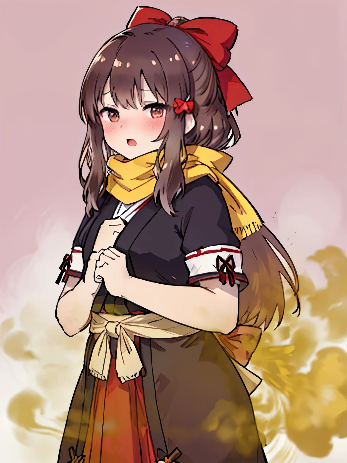 km, 1 girl, Ascot, blush, bow, brown eyes, brown hair, hair bow, hair tube, kimono, long hair, mittens, non-traditional shrine maiden, 1 hour drawing challenge, open your mouth, portrait, red bow, red mittens, scarf, side lock, simple background, alone, white background, yellow Ascot, yellow scarf