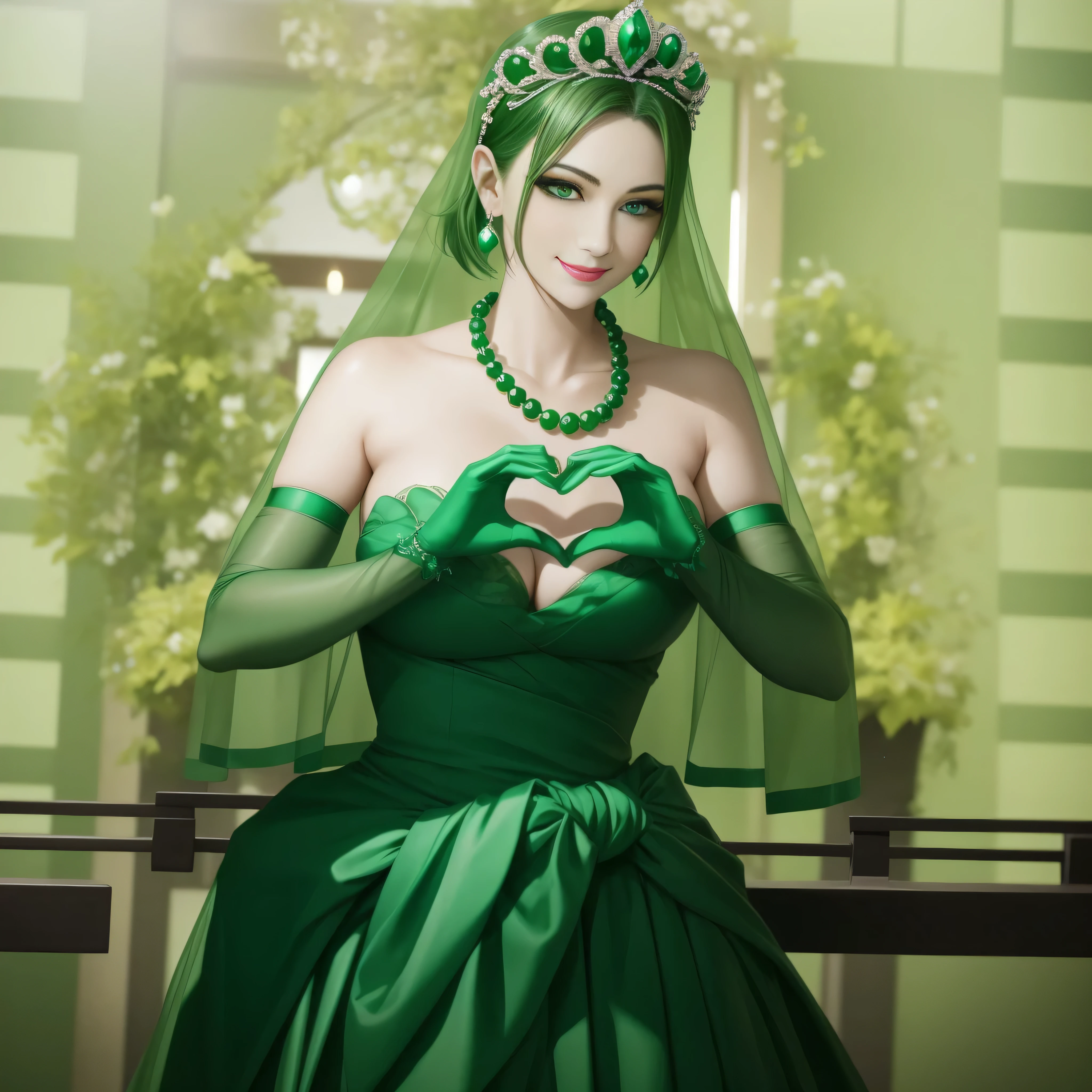 emerald tiara, Green Pearl Necklace, ボーイッシュな非常に短いgreen hair, lipstick, smiling Japanese woman, very short hair,  beauty of big breasts, green eyes, green satin long gloves, green eyes, emerald earrings, Green veil, Heart with both hands, green hair, beautiful japanese woman, heart shaped hands:1.3, green lip gloss