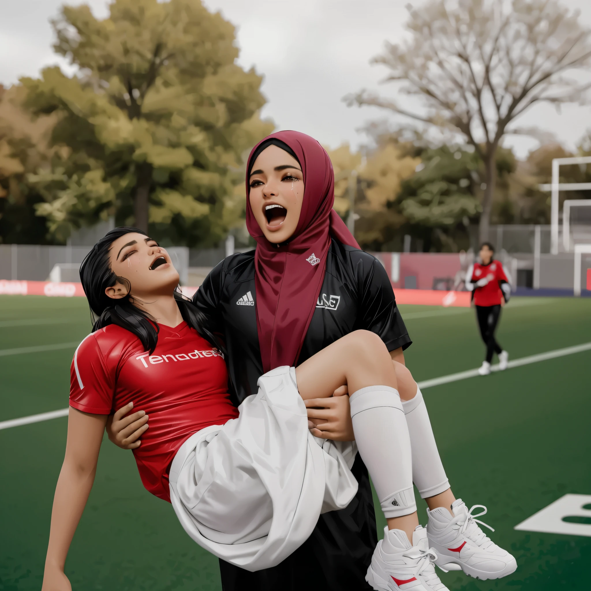 a crying hijabi girl in a laquered and very shiny quilted coat carries a man in matte sportswear, a veiled woman carries a man in dull sportswear, a woman carries in her arms a male soccer player in cotton sportswear, rainy weather, rainfall, humid, girl carries guy, lift and carry, an excessively madeup latino-girl in a high-shine wet black latex downcoat, a soccer scene, a soccer injury, first aid carry at a soccer match, a young madeup latino-girl in a shiny black vinyl downjacket, a madeup latino-girl in a shiny plastic-downcoat, a very sad and desperately crying latino-girl, an intensely madeup latino-girl in a glossy black vinyl-downcoat, latino-girl with lipstick, latino-girl with smoky eyes, dramatic action pose, woman that is carrying a skinny shorthaired man, there is a beautiful woman in a shiny coat who is carrying a shorthaired blond man in her arms, a longhaired beautiful woman in a high-shine black puffy coat, a longhaired woman in a shiny downcoat, a woman is carrying a shorthaired man who is wearing black shorts, a weak shorthaired man in black shorts is consciousless and needs to be carried, a shorthaired man with closed eyes is carried in the arms of a longhaired latino-woman, a latino-woman looks very scared and terrified, a consciousless shorthaired man with closed eyes is suffering very much and has a very painful face, photo, photo shoot, photographed, arafed man being carried by a woman, very realistic, very very realistic, hyper-realistic, hyper - realistic, hyper realistic, jacket over bare torso, very disturbing, very hyperrealistic, super realistic, hyperrealistic!, extremely realistic, very very very realistic, super-realistic realistic, super-realistictic!, extremely realistic, very very very realistic, super-realistic realistic, super-realistic, veiled arab woman's face