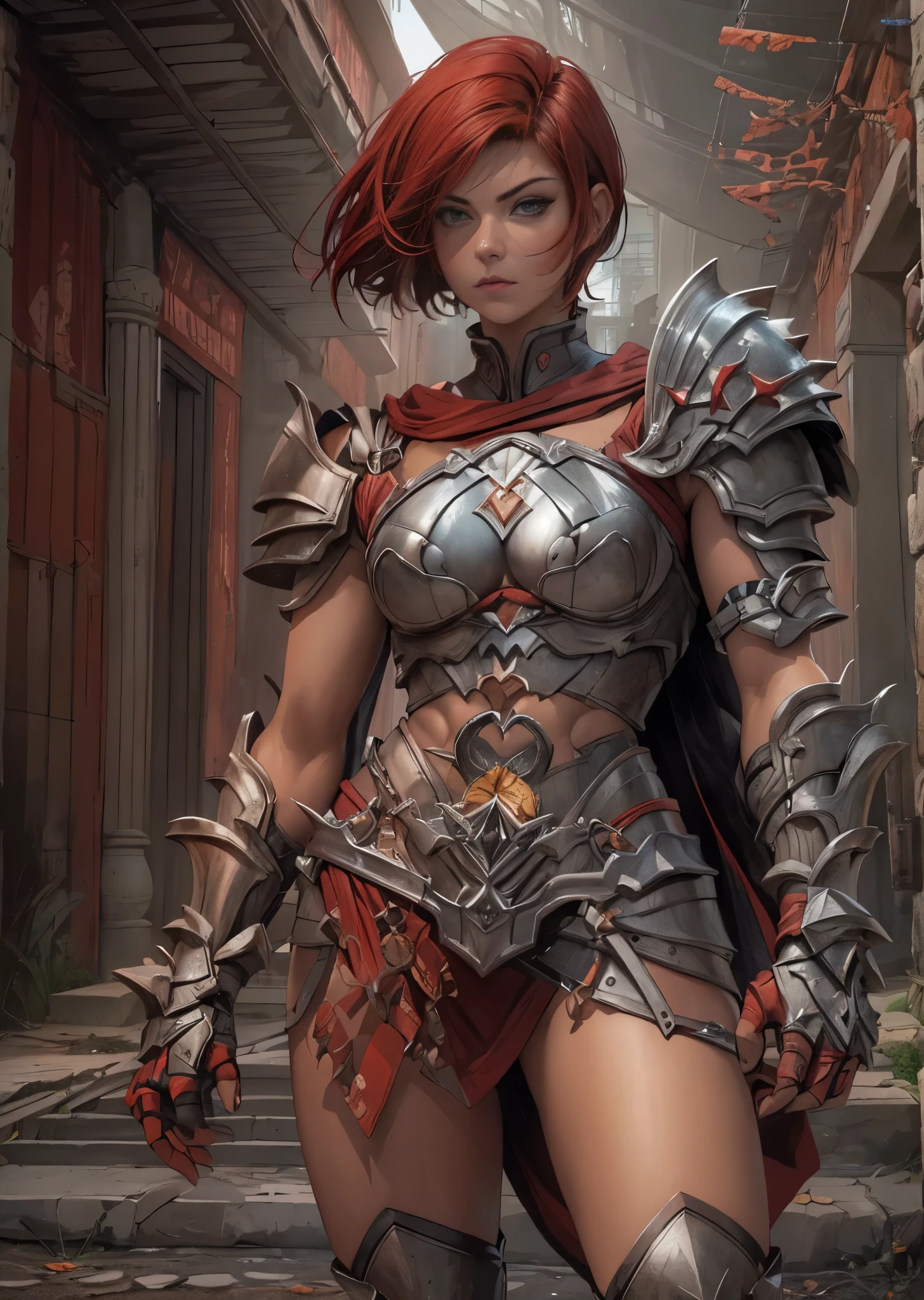 (((of the highest quality: 1.4))),(unparalleled masterpiece ever), (Ultra high definition),(Ultra realistic 8K CG), (((adult body))), (((1girl in))), ((( Bob Shorthair ))), Gladiators with perfect bodies,,Beautiful and well-groomed face,muscular body:1.4,Detailed breastplate, gauntlets、is standing, (Image from head to thigh),(( Red Bob Shorthair )),, Simon Bisley's urban savage style,Detailed ancient Roman background,Clean abs, Complex equipment, Dark brown with white stars and gray and white stripes,,,s Armor, Poison tattoo