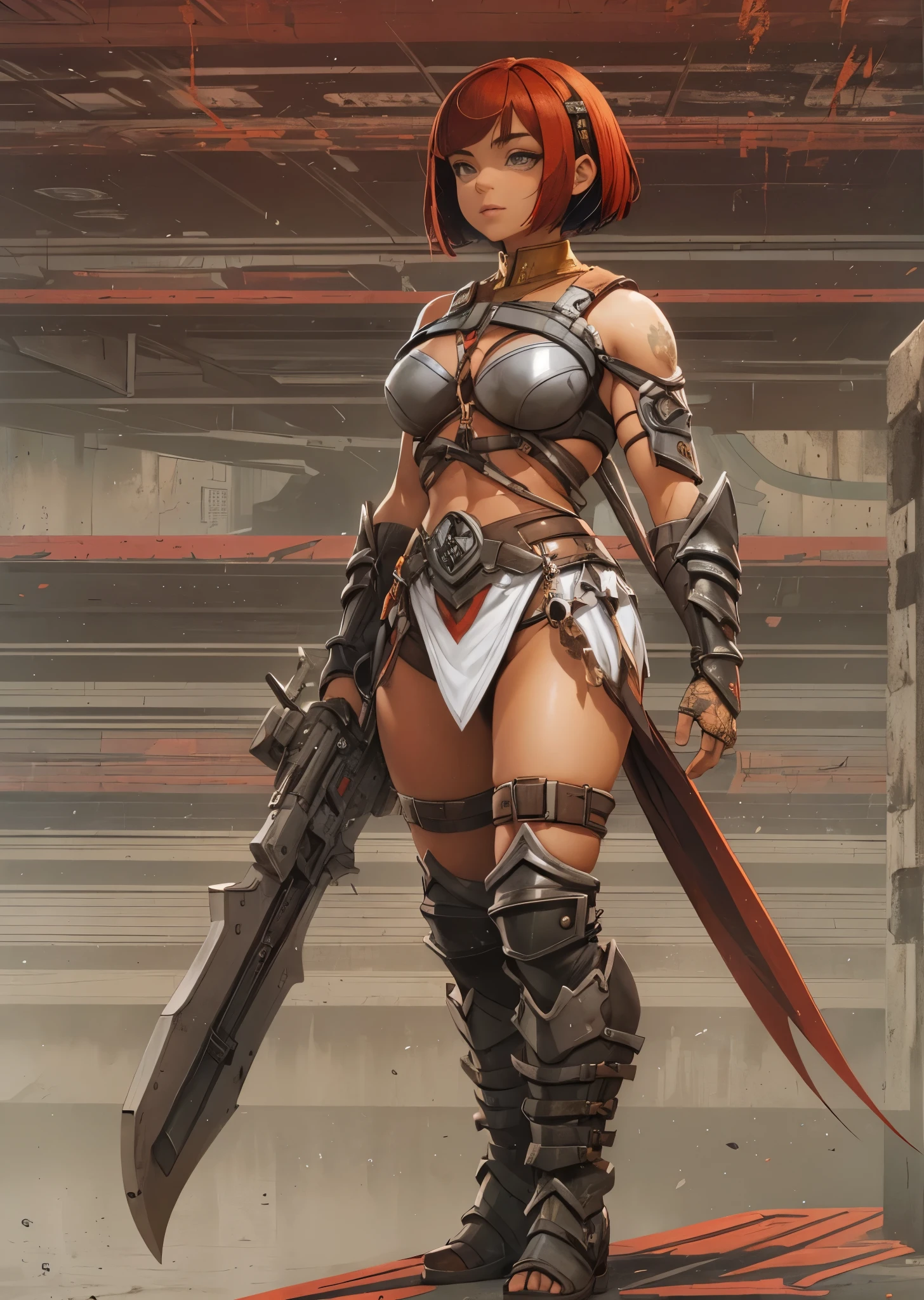 (((of the highest quality: 1.4))),(unparalleled masterpiece ever), (Ultra high definition),(Ultra realistic 8K CG), (((adult body))), (((1girl in))), ((( Bob Shorthair ))), Gladiators with perfect bodies,,Beautiful and well-groomed face,muscular body:1.4,Detailed breastplate, gauntlets、is standing, (Image from head to thigh),(( Red Bob Shorthair )),, Simon Bisley's urban savage style,Detailed ancient Roman background,Clean abs, Complex equipment, Dark brown with white stars and gray and white stripes,,,s Armor, Poison tattoo