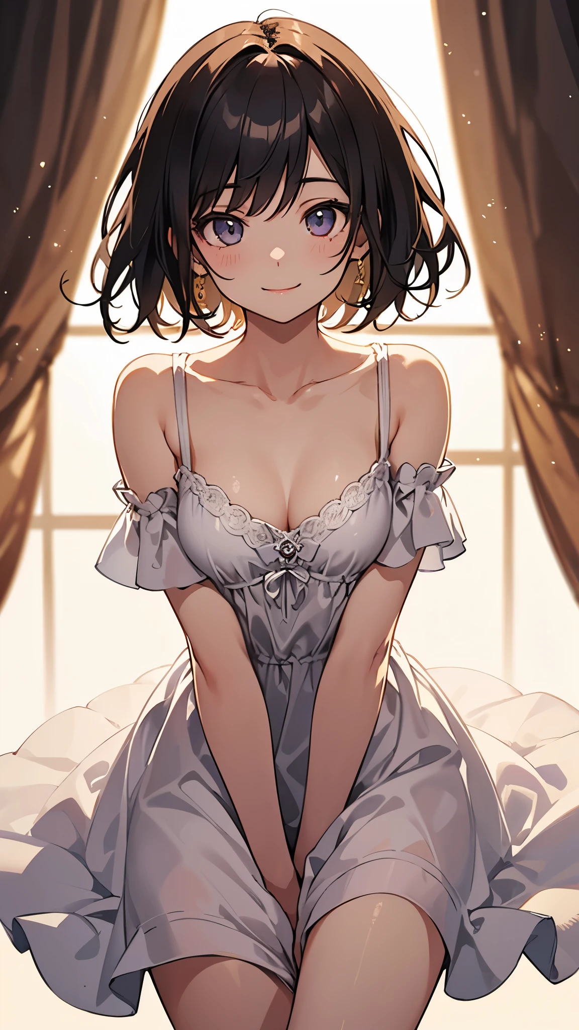 best quality, detailed face, detailed eyes, highres, 1girl, middle breast, smile, simple dress, (Charming, Puffy eyes:1.2), good anatomy, looking at viewer, soft focus, Golden hour lighting, depth of field, happy expression, shortcut hair, bare legs