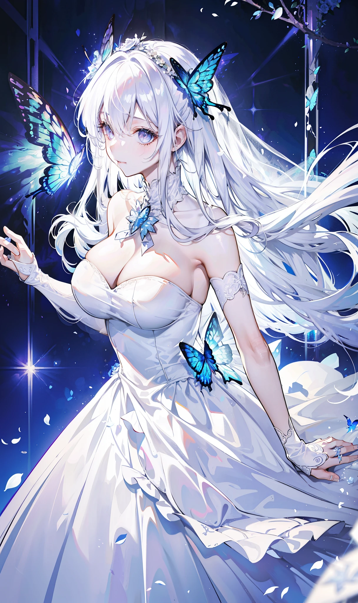 silver hair，Butterfly，long white hair，white wedding dress，8k wallpaper，Detailed background，Highest resolution，Deep V big breasts，hair covering one eye，bandeau wedding dress，Chis，White Rose，tight，full-body shot