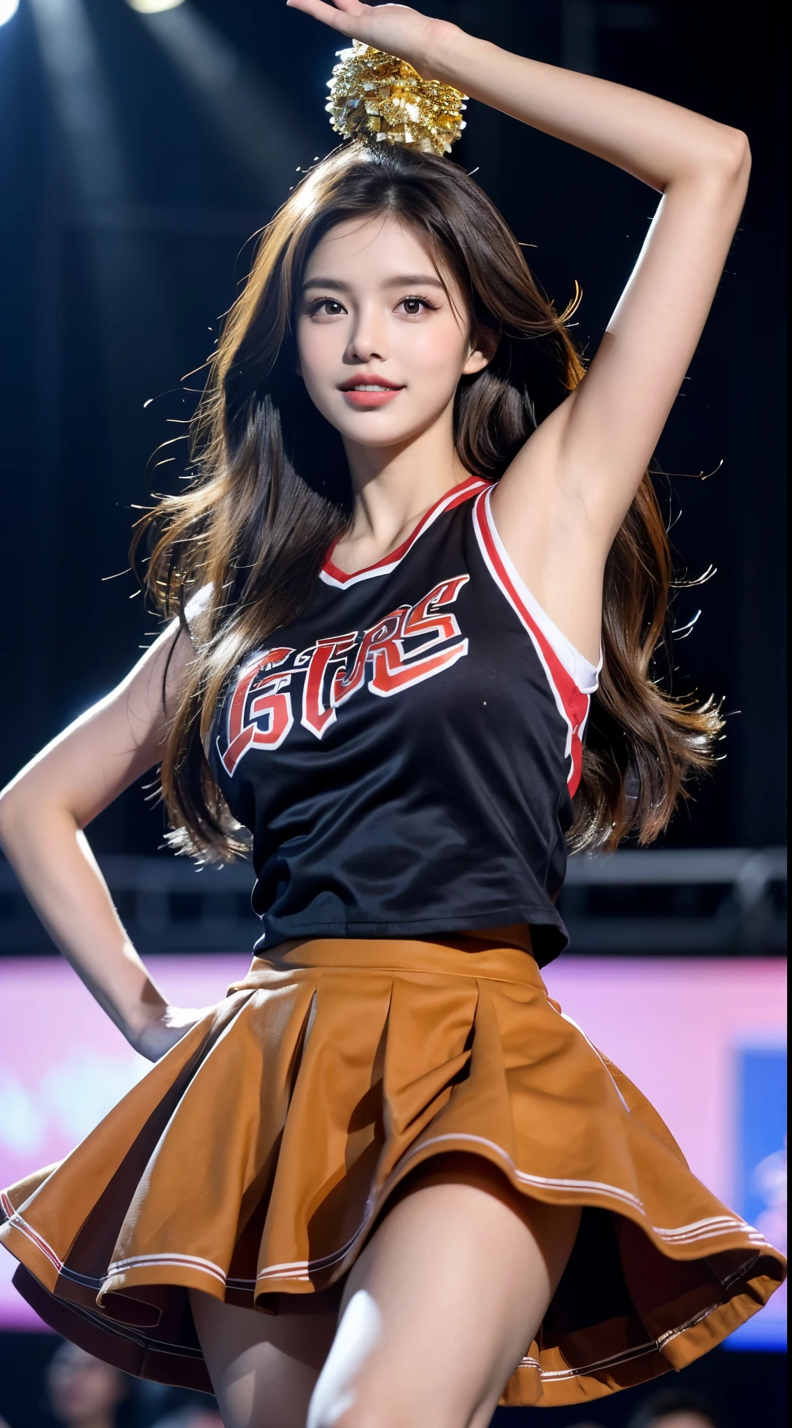 It depicts a young and beautiful cheerleader with long brown hair and an extremely beautiful face. She is wearing a sexy outfit and showing off her alluring charm. She is in the spirit of cheering with her arms raised, showing off her energy and enthusiasm ((her skirt flutters gracefully in the air)), 1 girl