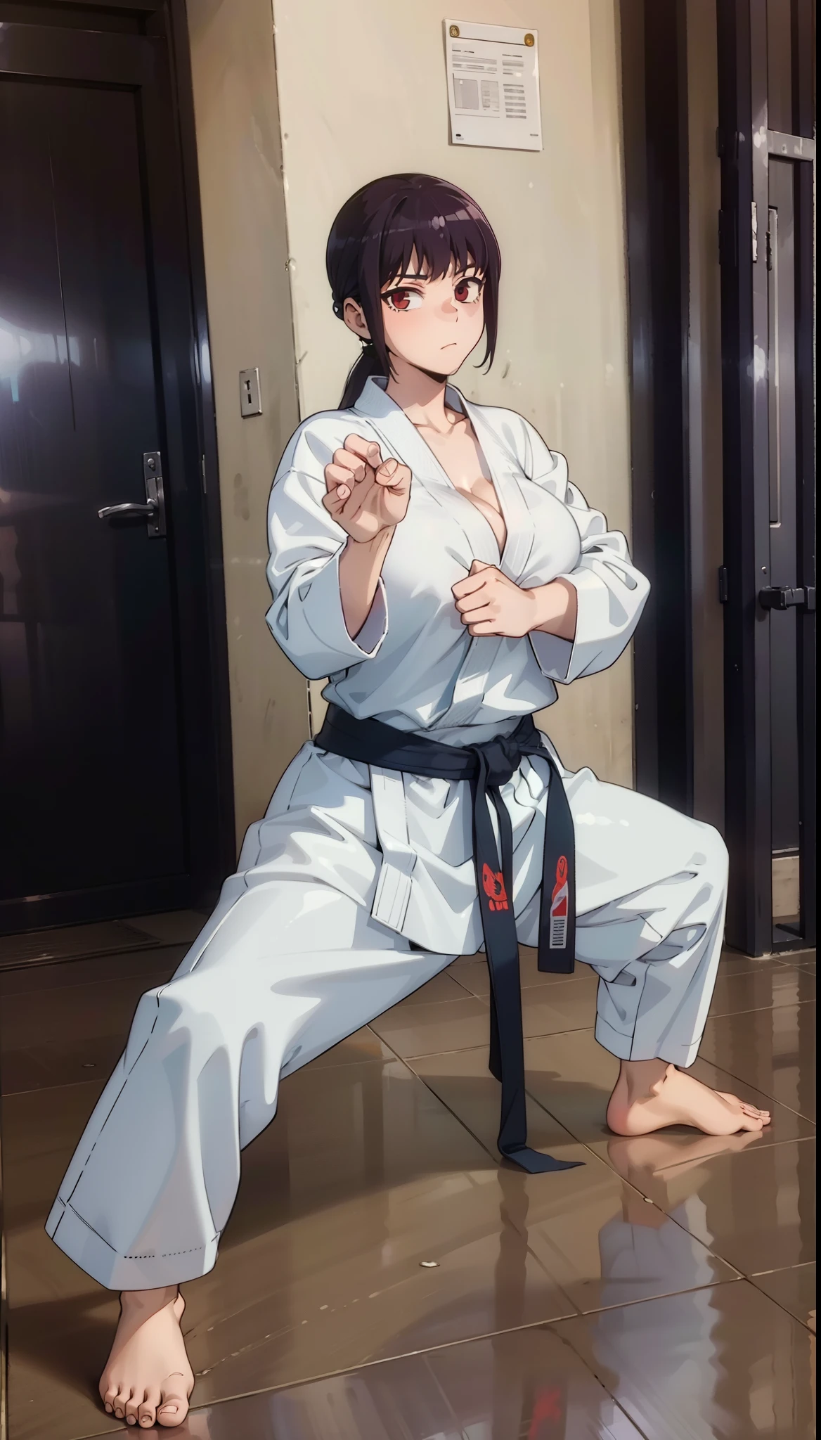 ((masterpiece:1.2, best quality)), yuri sakazaki, 1girl, braided ponytail, long hair, brown hair, brown eyes, red headband, (white dogi1.2), Blue top, bare arms, Yellow black fingerless gloves, blue panties, karate, medium breasts, cleavage, Blue tight socks, red converse, looking at viewer, sweating, tires, arm over head, sweat, hot, blush, awe, 🥺, 😮, ((🥵🥵:1.2)), straight, sitting, spread legs, mature, dojo