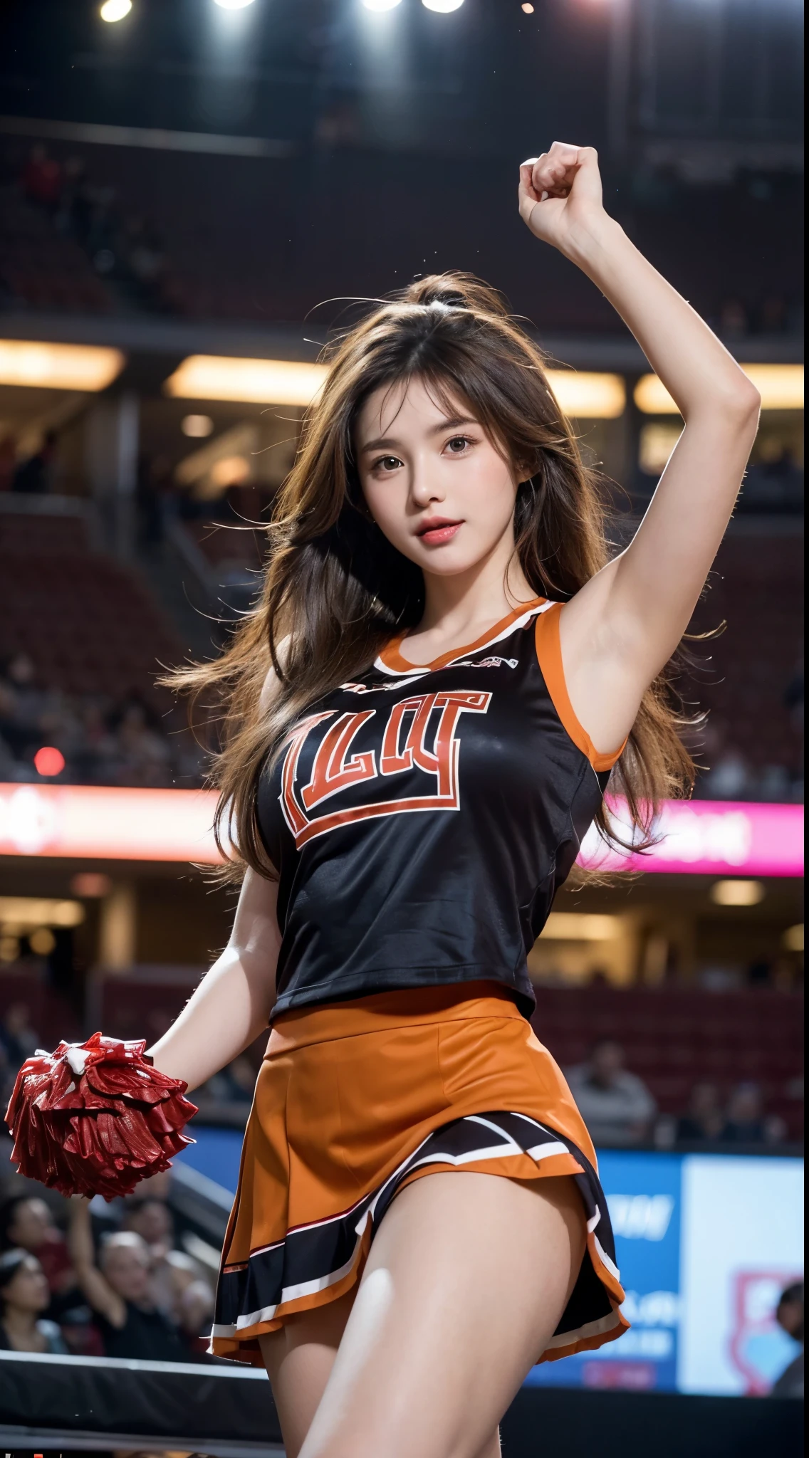 Cheerleader cheering on athletes at sporting events、⦅No logo⦆、Have a pom pom、Longhaire、(masterpiece、top-quality) 、absolutely outstanding image, very extremely beautiful、masterpiece, top-quality,a picture, kawaii、(Colossal tits:1.2)、((20 year old woman:1.ung adorable Japan face,8k,japanaese girl、realisitic