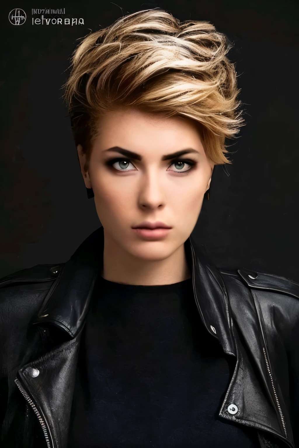 a woman with a cabelo medio wearing a black shirt and leather jacket, androginia, androgynous face, Irina Nordsol Kuzmina, cabelo curto, corte de duende, Yelena Belova, androgynous person, short hair on the sides of the head, androgynous, attractive androgynous humanoid, beautiful androgynous girl, androgynous male