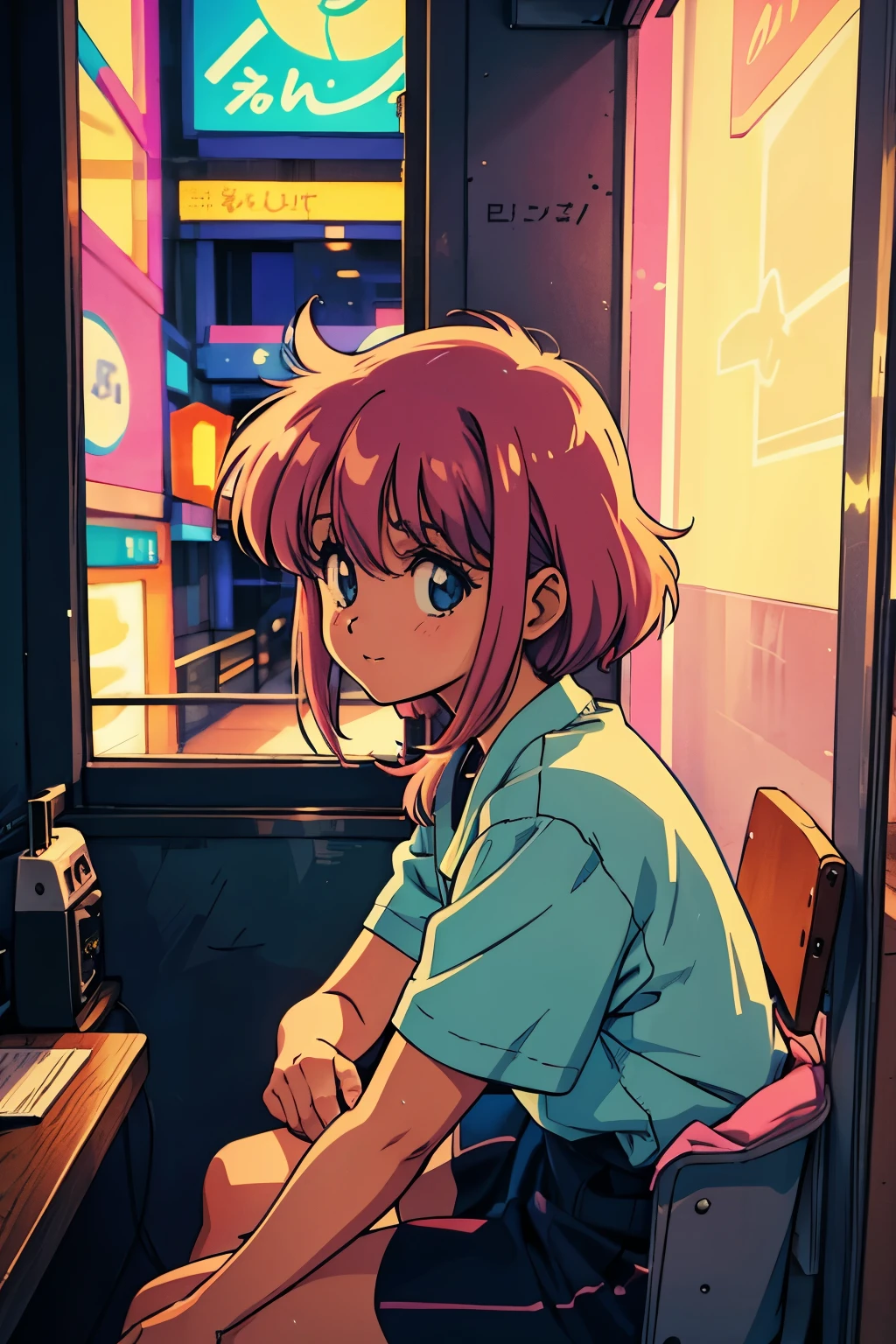A girl gazing at the neon-lit streets from a window-side seat in a coffee shop, muted pastel colors,Soft picture,Retro anime, 1990s anime, 1980s anime, Retro anime,Retro anime style,Masterpiece, Best quality, 1girll, Emotional, melancholic, nostalgic