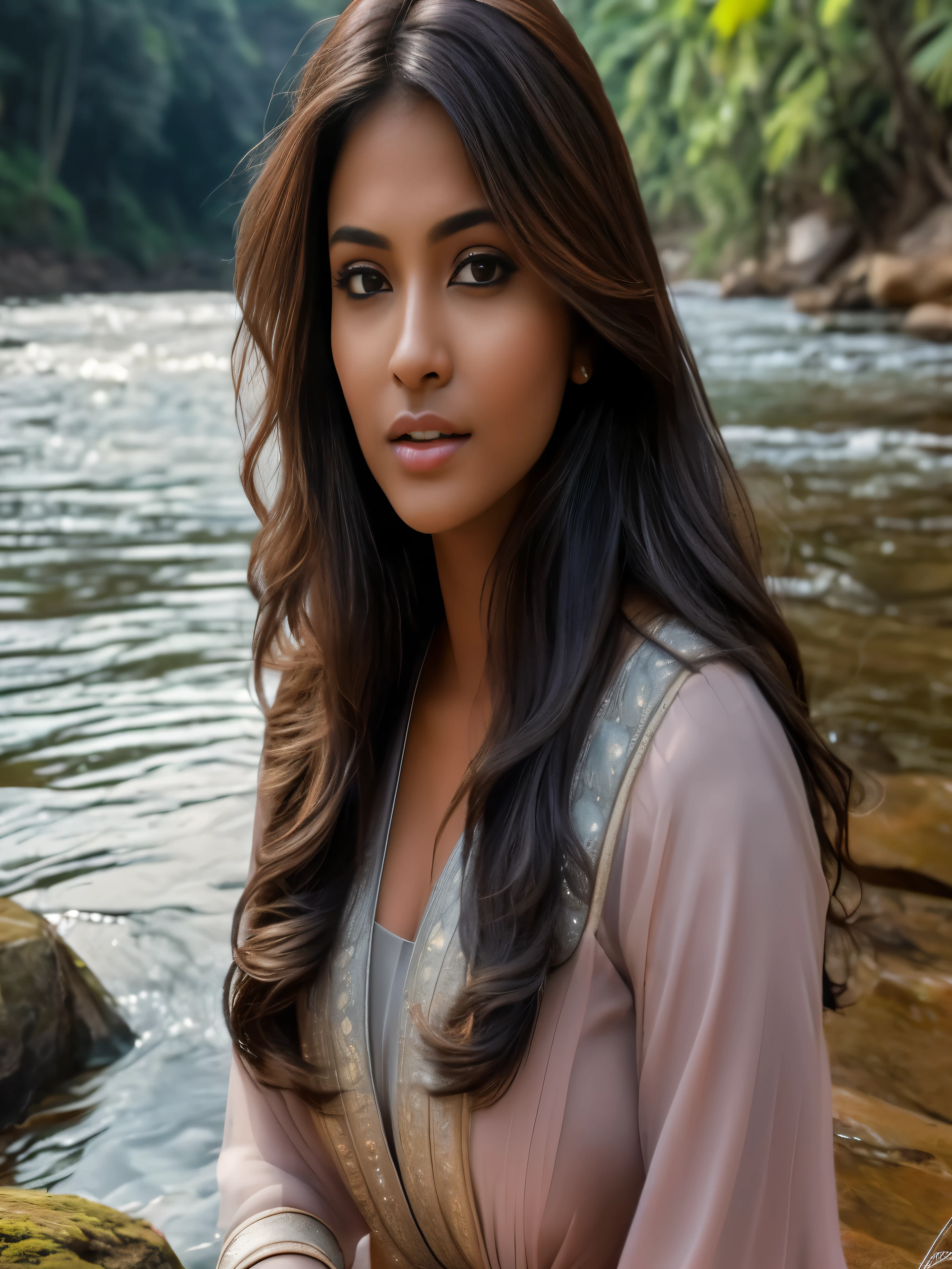 a close up of a woman sitting on a rock near a river, indian girl with brown skin, mid shot portrait, gorgeous woman, extremely beautiful, very extremely beautiful, gorgeous beautiful woman, photo of a beautiful woman, very attractive and beautiful, indian, sexy girl with dark complexion, attractive and beautiful, beautiful young himalayan woman, fanart, actress, beautiful himalayan woman, stylish