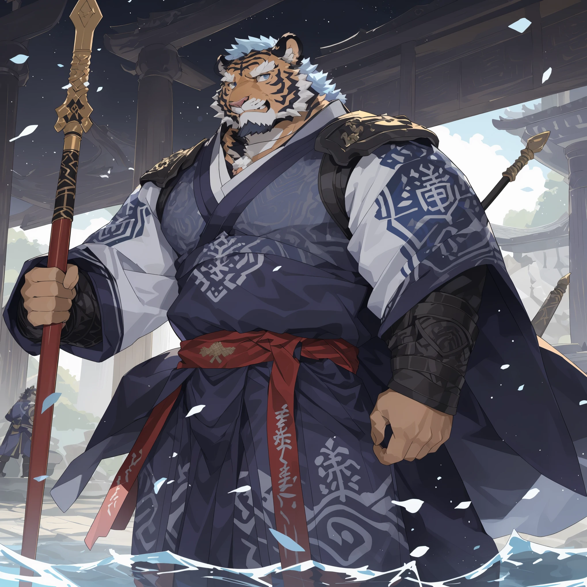 (淡蓝色tiger),(蓝色流水蓝general古代战袍),Holding a halberd,Powerful posture,A hearty laugh,(The background is a plateau of vicissitudes of life),abdominal muscles,covered in wounds,完美的masterpiece,Various facial details,distance perspective,specific description,masterpiece,cg,(light blue eyes),Light blue pattern,Light blue tail,general,heroic posture,tiger,Light blue fur,Concrete facial details,Half body,(Water texture combat boots),(Chang Ling),((middle aged)),(face focus),(16k),HD,abdomen,temple,beard,(Face lines),Different pupils,(Light blue ancient war robe)