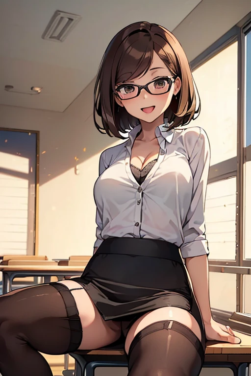 (masterpiece), best quality, expressive eyes, perfect face, 1woman, solo, mature woman, ((female teacher, pencil skirt, mini skirt, stockings:1.6)), glasses, brown hair, short hair, cleavage, thighs, smile, open mouth, ((spread legs)), low view, classroom,