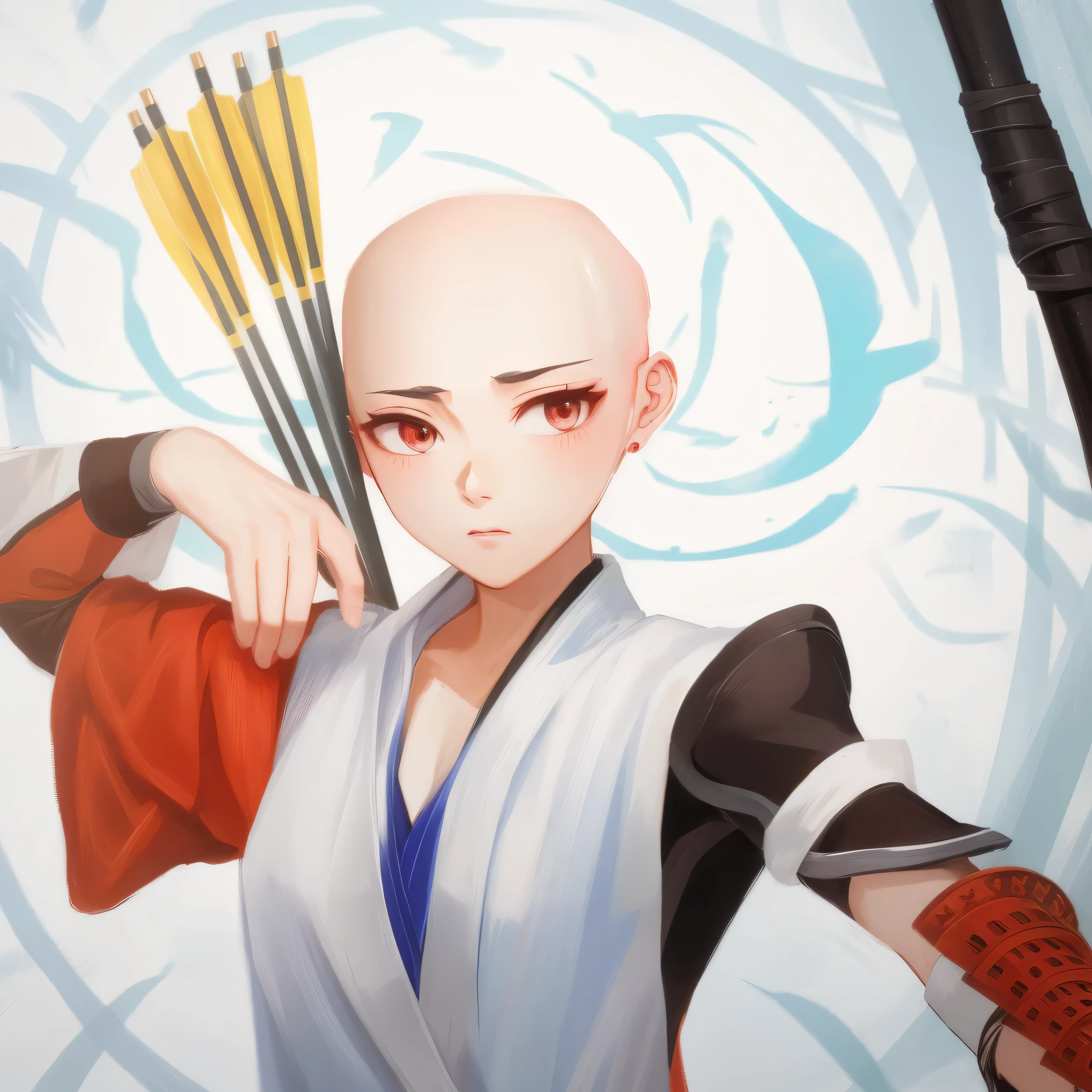 anime character with a bow and arrow in his hand, aang, bald, no hair, kunoichi, made with anime painter studio, avatar aang, inspired by Kamisaka Sekka, anime girl with a bow and arrow, jin kagetsu, portrait of saitama, advanced digital anime art ”, fox nobushi holding a naginata, inspired by Ren Xiong