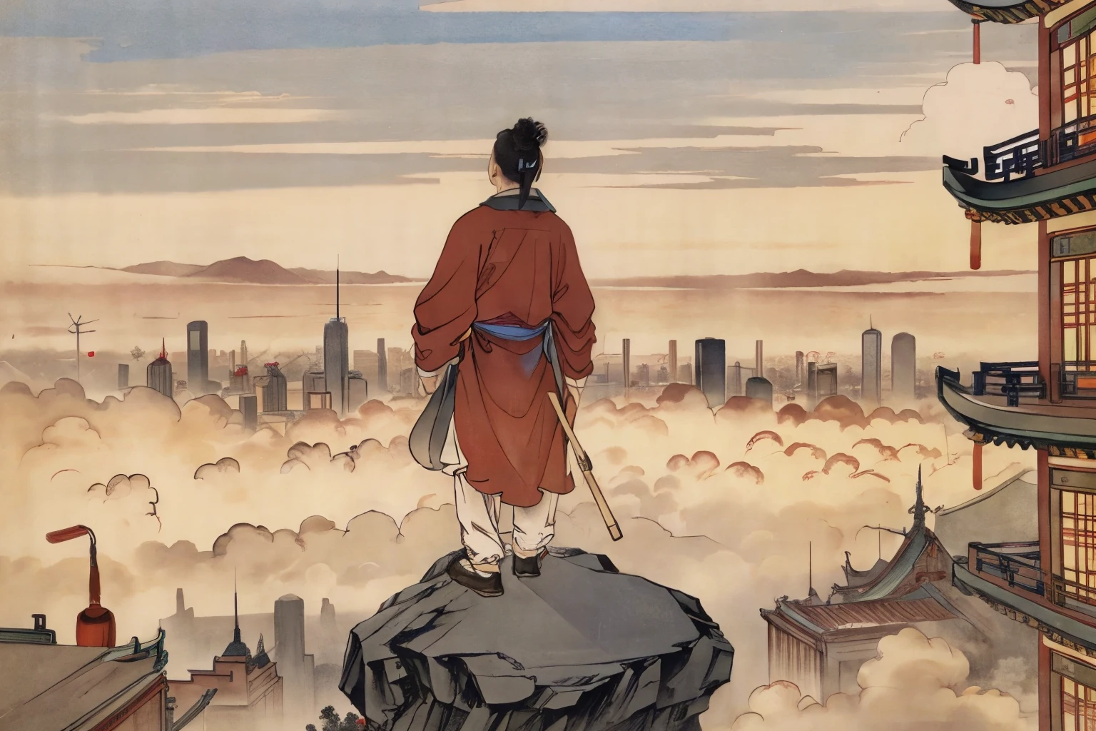 Chinese style,battlefield,a man,best quality,masterpiece,4k,City,high-rise building,looking down,future