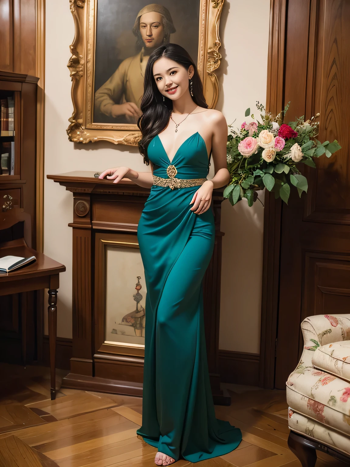 full body portrait or statue、Vigée Leblanc style、math、astronomical machine、astronaut、roses in vase、fruits、Cute trinkets、smile、ancient greek costume、Sandro Botticelli paintings、Clothes that stretch your shoulders、A big smile、expression of ecstasy、sexy、beautiful bare skin、A detailed representation of the seducing woman throughout her body.
