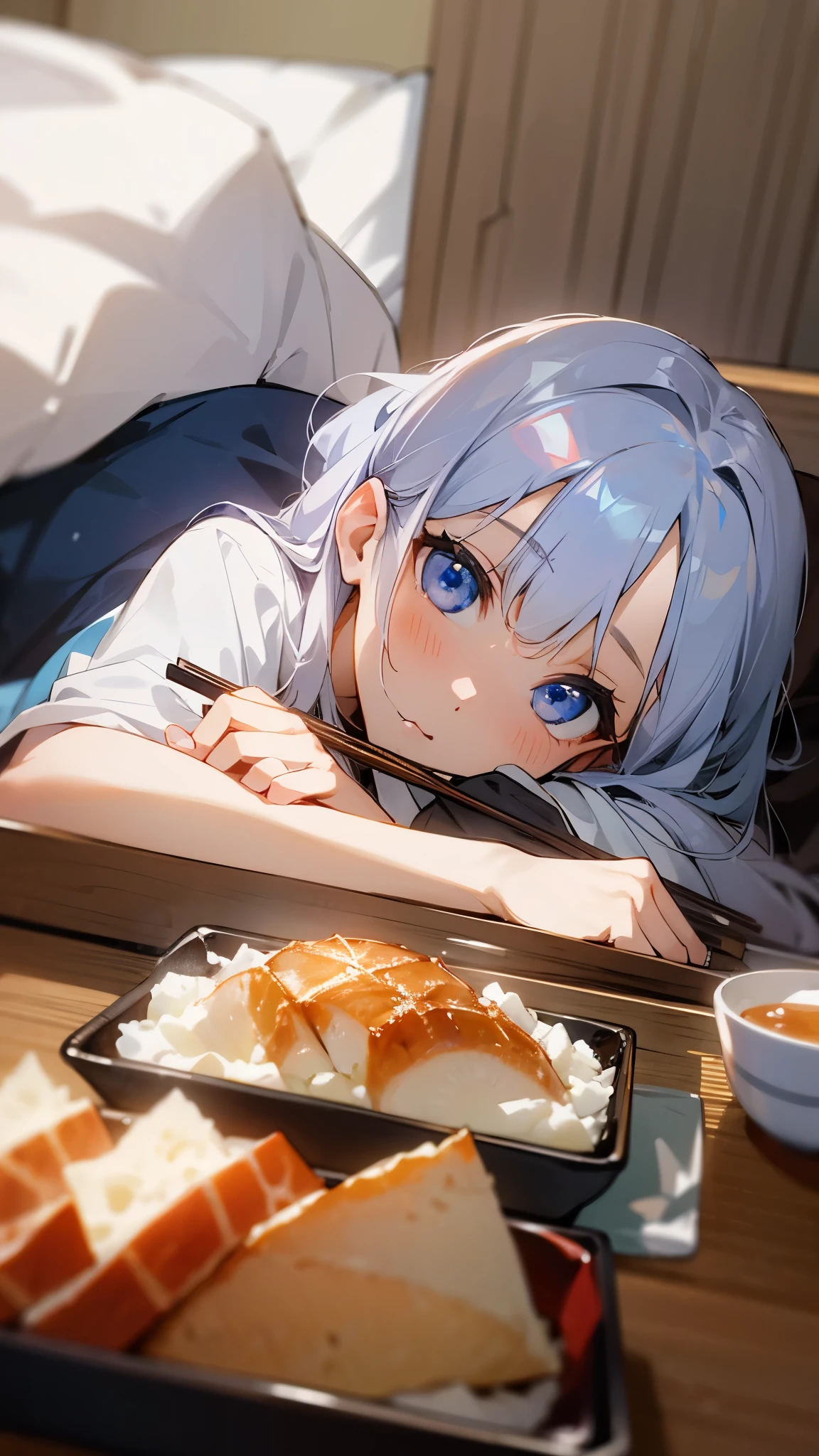 girl、silver hair、blue eyes、Lying on the futon、eat katsudon、Holding chopsticks in your right hand