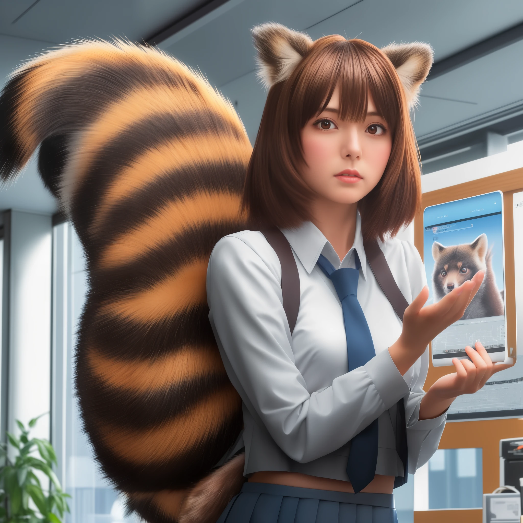 women with a tanuki tail, (software) safe for work, fur with tail, software version, colleague, realistic style, , realistic style , beautiful girl, photograph, 最high quality, (Her skirt is flipped up and her tail is visible.:1.8) ,Reality, small breasts, slender, white panties,tail from above panties, tail from inside the skirt, bushy tail, realistic tail, flat chest, (software) safe for work, nffsw, retina, muste piece, Accurate, anatomically correct, super detail, advanced details, high quality, 最high quality, High resolution, 1080p, 4k, 8K, The tail is sticking out from inside the skirt, long tail, be surprised to see the tail, eight-headed body, small face, blush, Red cheeks