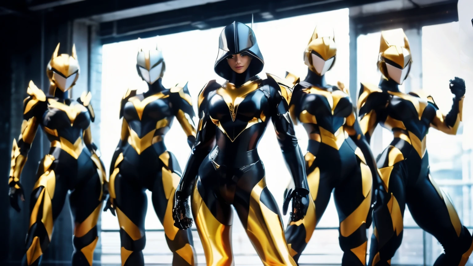 full body shot, 5 women posing , (Full armor), knight Cloak, (helm), (Yoga pants:0.5), looking on camera, standing on studio, beautiful face, makeup, (photorealism:1.2), ultrarealistic face, (muscle abs), (thick thighs), slim waist, hourglass figure, ((glowing skin)), ((shiny skin)), Realistic body, (sexy body:1.2), (clean skin), photorealistic, motion blur, masterpiece, super detail, textured skin, big breasts, huge breasts, gigantic breasts,