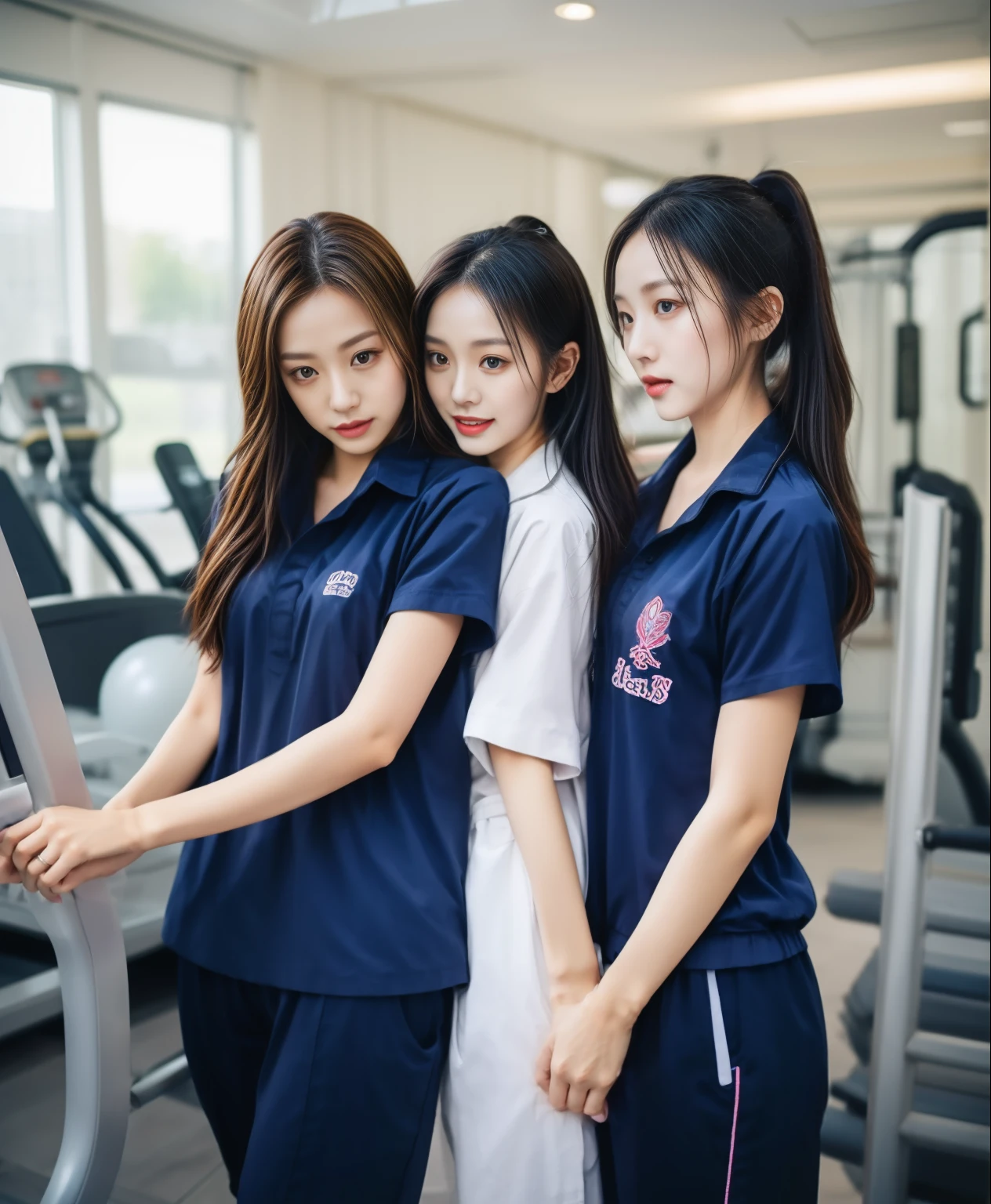 3 girls in fitness center, Navy blue short-sleeved shirt,Navy Long Trackpant,Sweatpants, Long sweatpants,25 year old girl, lesbian, sexy, exercise clothes, wet body, exercise clothes