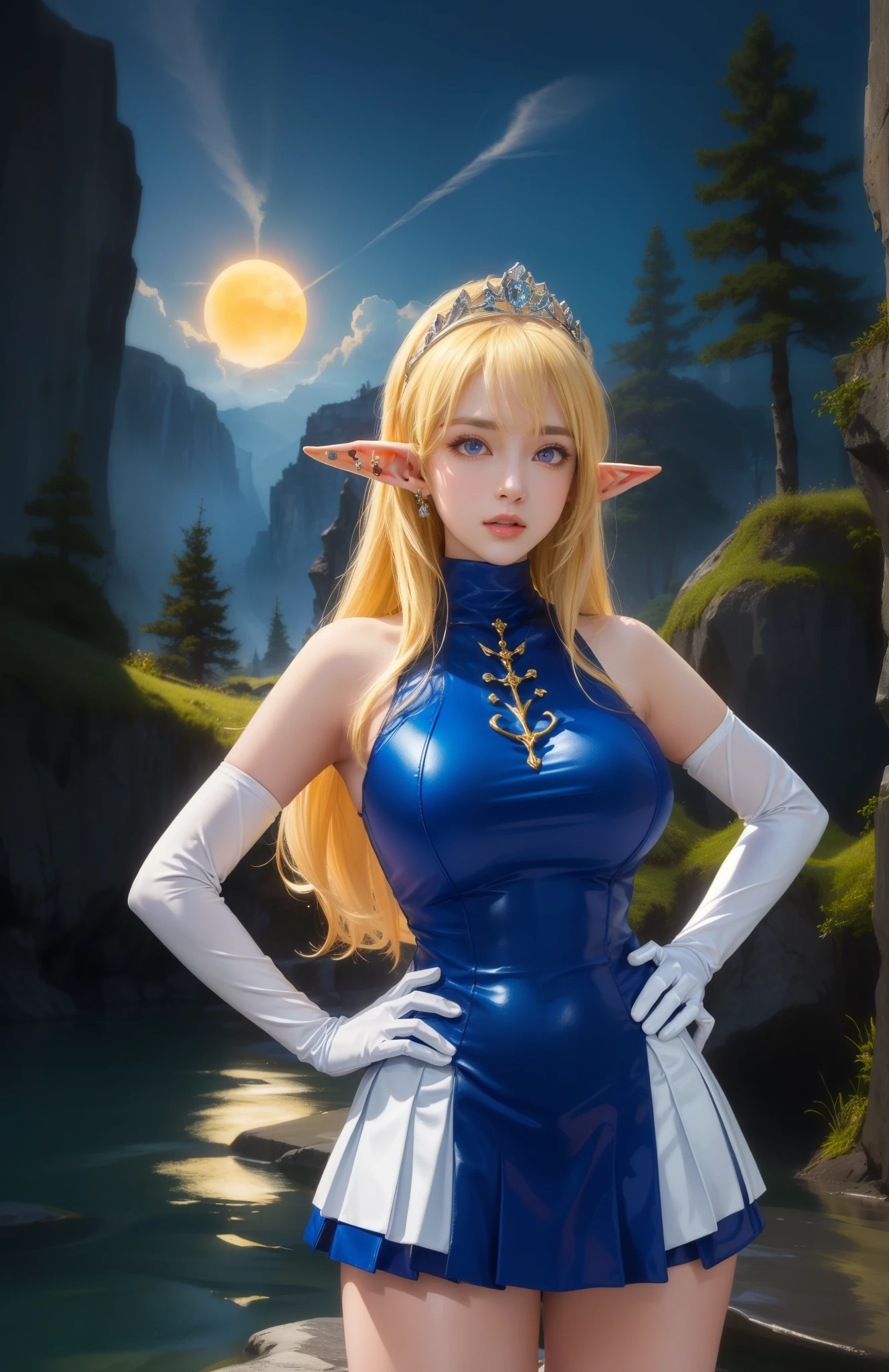 (masterpiece, high quality:1.1), cinematic lighting, extremely detailed, NinaAslato, 1girl, elf, solo, standing, hands on hips, cowboy shot, looking at viewer, determined, teeth, pointy ears,  blonde hair, long hair, purple eyes, jewelry, tiara, blue turtleneck leotard, miniskirt, elbow gloves, huge breasts, curvy, fantasy, hills, river, outdoors, sun, complex background