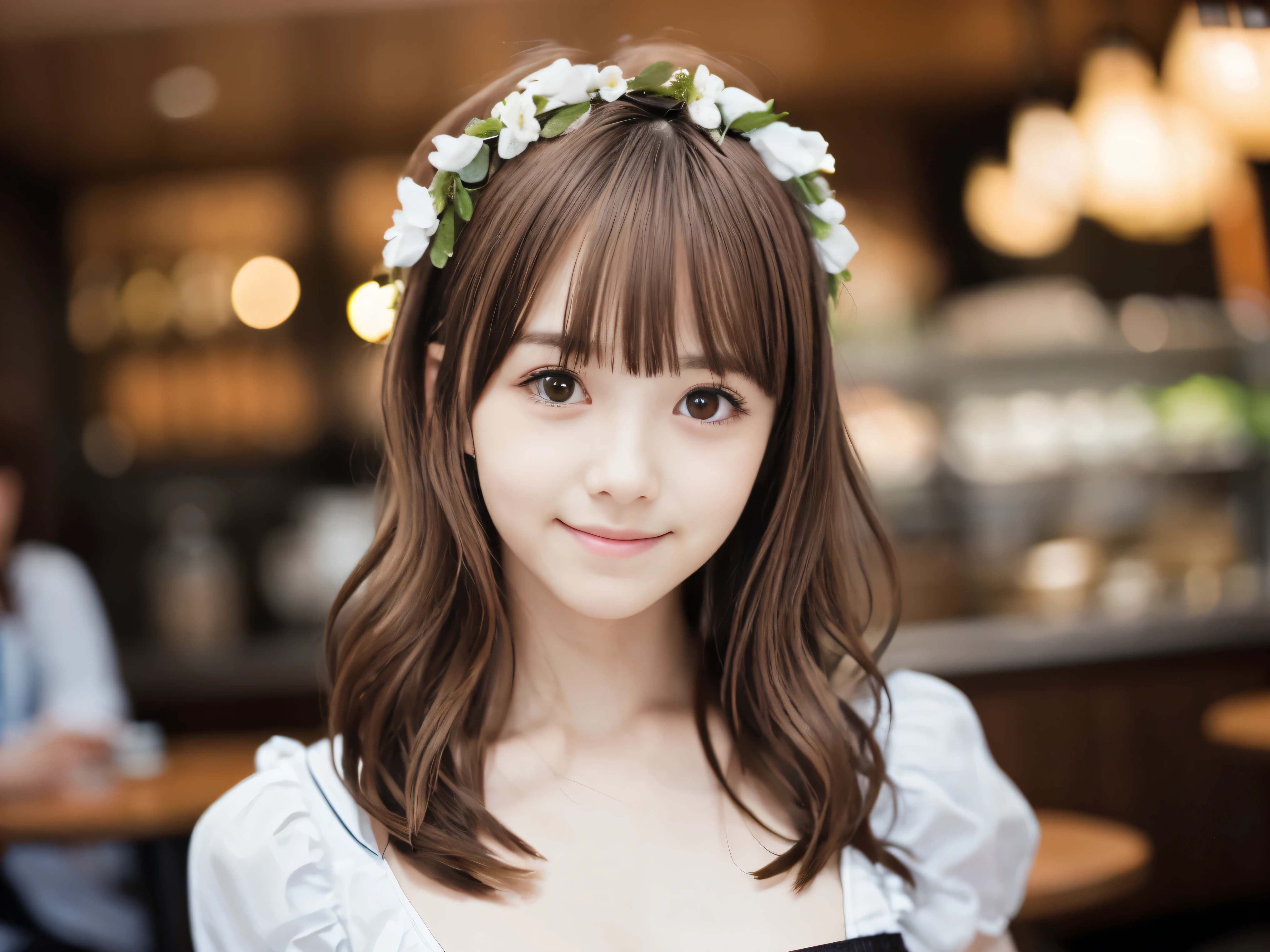 (dressed as a French maiden、Close-up of a slender small-breasted reddish-brown long wavy haired girl with blunt bangs:1.5)、(A girl standing in a cafe with a small smile:1.5)、(night cafe:1.5)、(blurred background:1.5)、(perfect anatomy:1.5)、photorealistic stick、RAW photo、table top、highest quality、High resolution、delicate and beautiful、perfect face、delicate and beautiful目元の空気肌、real human skin、((thin legs))
