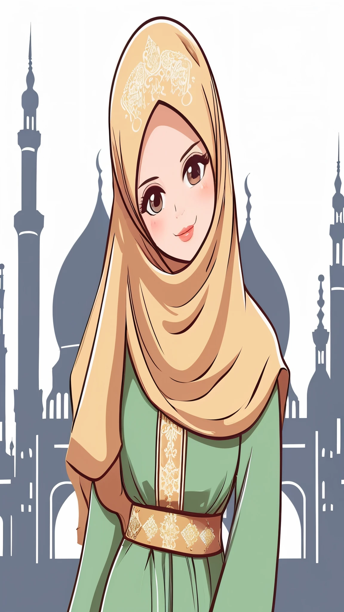 muslim woman in traditional dress with mosque in the background, muslim, arab princess, cartoon style illustration, hijab, eastern art style, arabian beauty, clean lineart and flat color, inspired by Shaddy Safadi, inspired by Fathi Hassan, beautiful burqa's woman, arab ameera al taweel, arabian princess, inspired by Nazmi Ziya Güran
