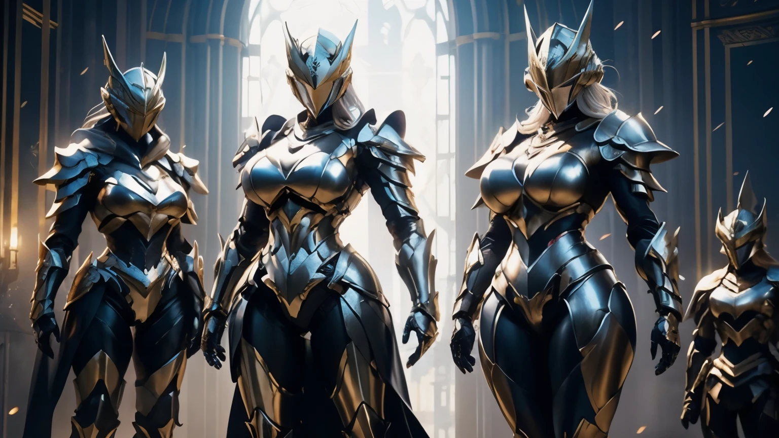 full body shot, 5 women posing , (Full armor), knight Cloak, (helm), (Yoga pants:0.5), looking on camera, standing on studio, beautiful face, makeup, (photorealism:1.2), ultrarealistic face, (muscle abs), (thick thighs), slim waist, hourglass figure, ((glowing skin)), ((shiny skin)), Realistic body, (sexy body:1.2), (clean skin), photorealistic,  motion blur, masterpiece, super detail, textured skin, big breasts, huge breasts, gigantic breasts,